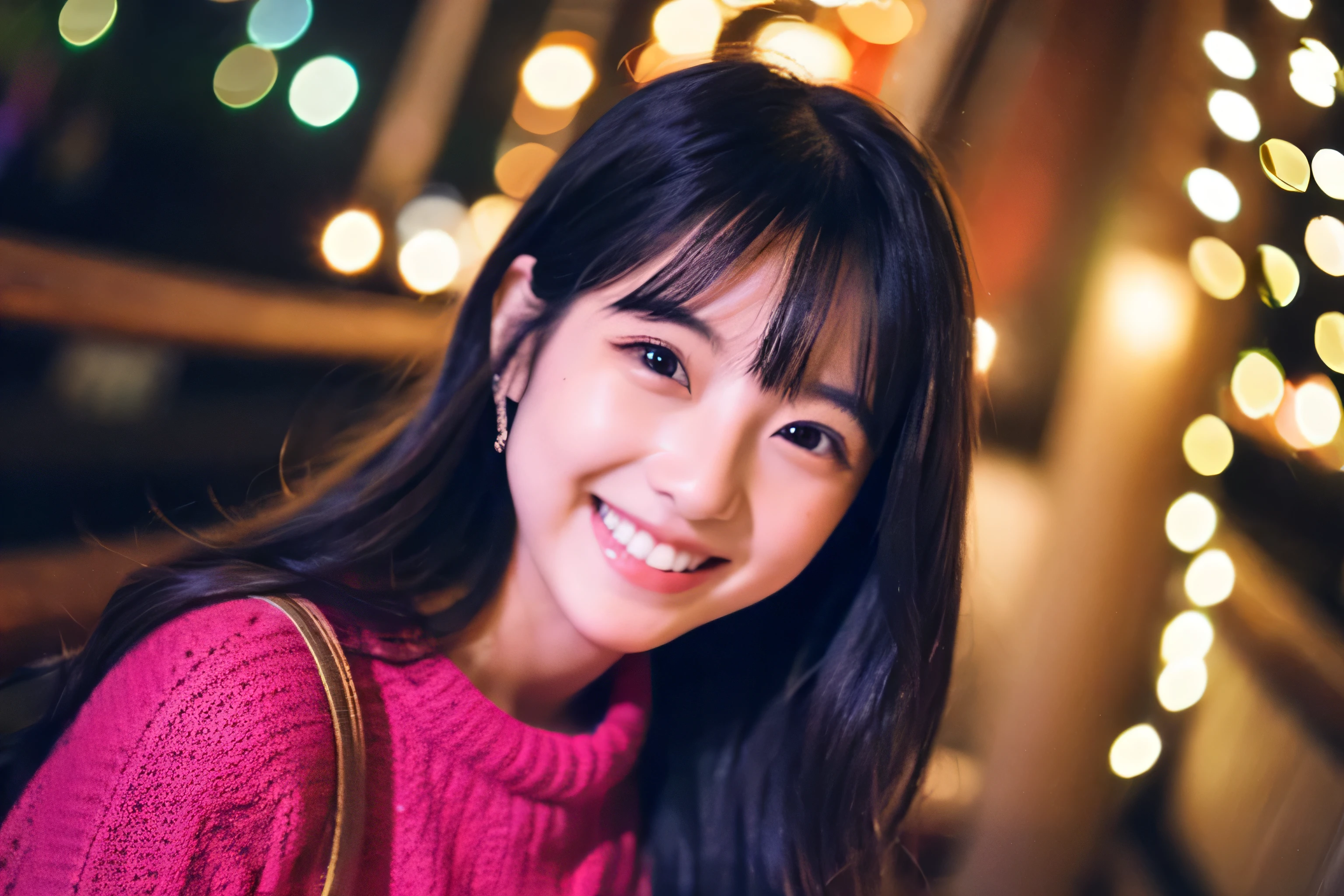 beautiful girl、Idol、smile、look at the camera、28 years old、Japanese、knit、night view、date、