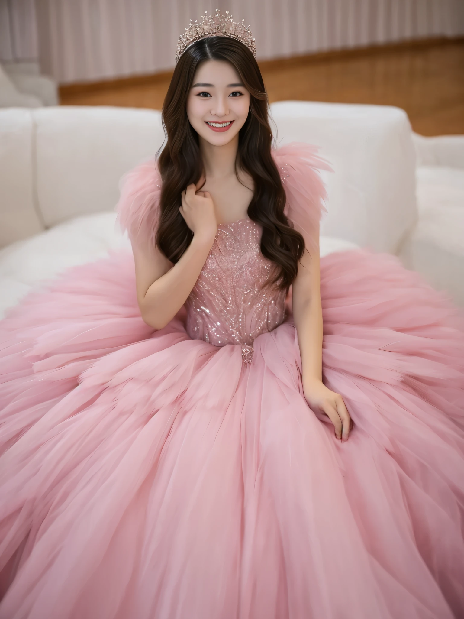 Woman, smiling, tiara, pink tulle dress, holding feather, soft focus, pastel colors, bright lighting, youthful, Asian ethnicity, indoors, sitting, ethereal, femininity, portrait, beauty, happy expression, elegance, gauzy fabric, dreamy atmosphere, light makeup, long hair., masterpiece,best quality,ultra-detailed,