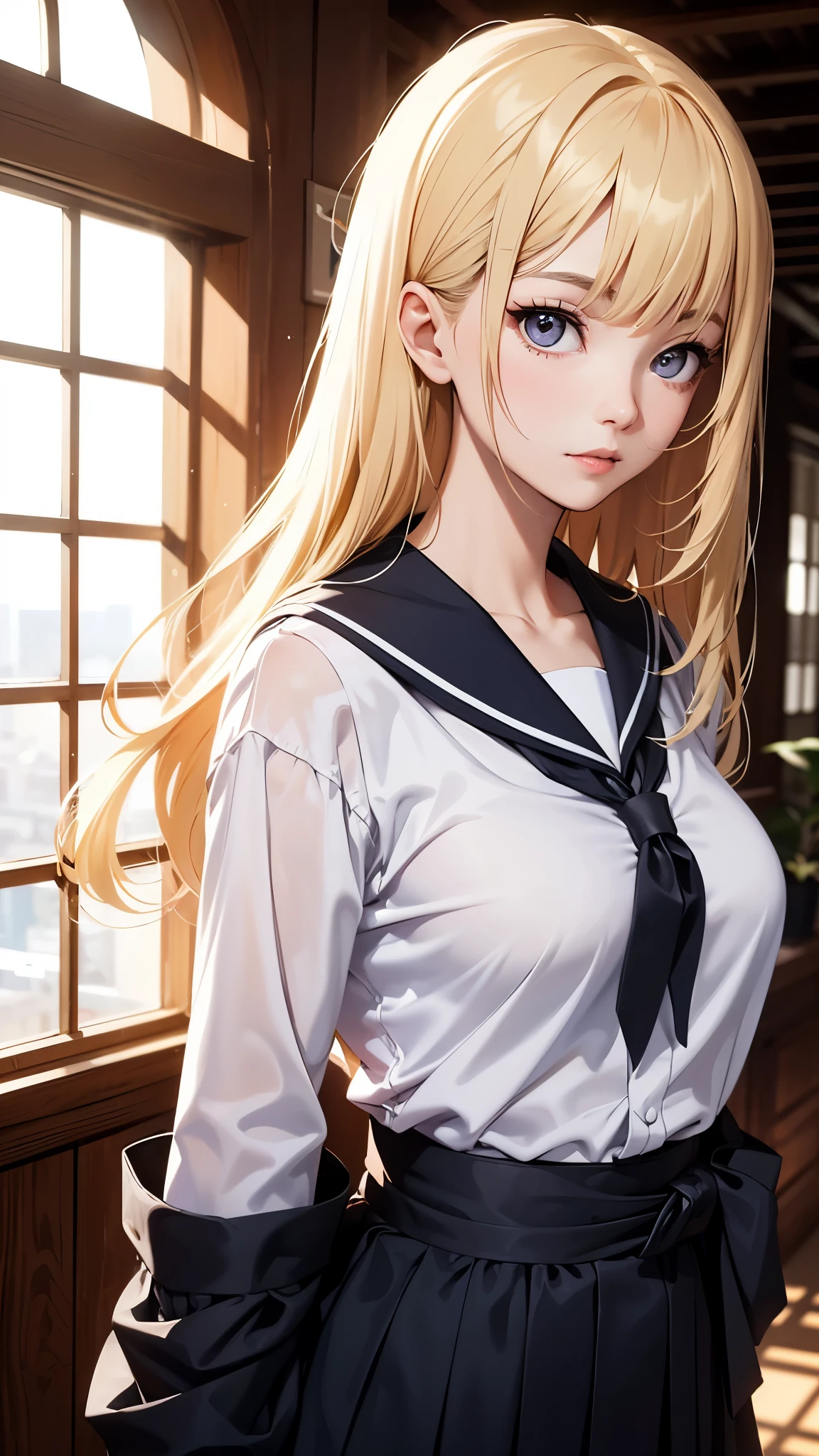 original photography, (((极致beauty的肖像))), Upper body, front Photo，looking at camera, (((fair skin、Light滑、有Light泽、beauty)), 18岁的beauty女孩，有着非凡非常完美的漂亮beauty的脸, small face, (silky blonde straight hair，闪闪发Light)], Eyeliner, ((masterpiece, top quality, Ultra-detailed, Light, intricate details, high resolution, 8k, Very detailed)), Detailed background, 8 kood, high quality, shallow view deep, natural Light, (perfect hands), Uniforms, Japanese sailor suit, big breasts