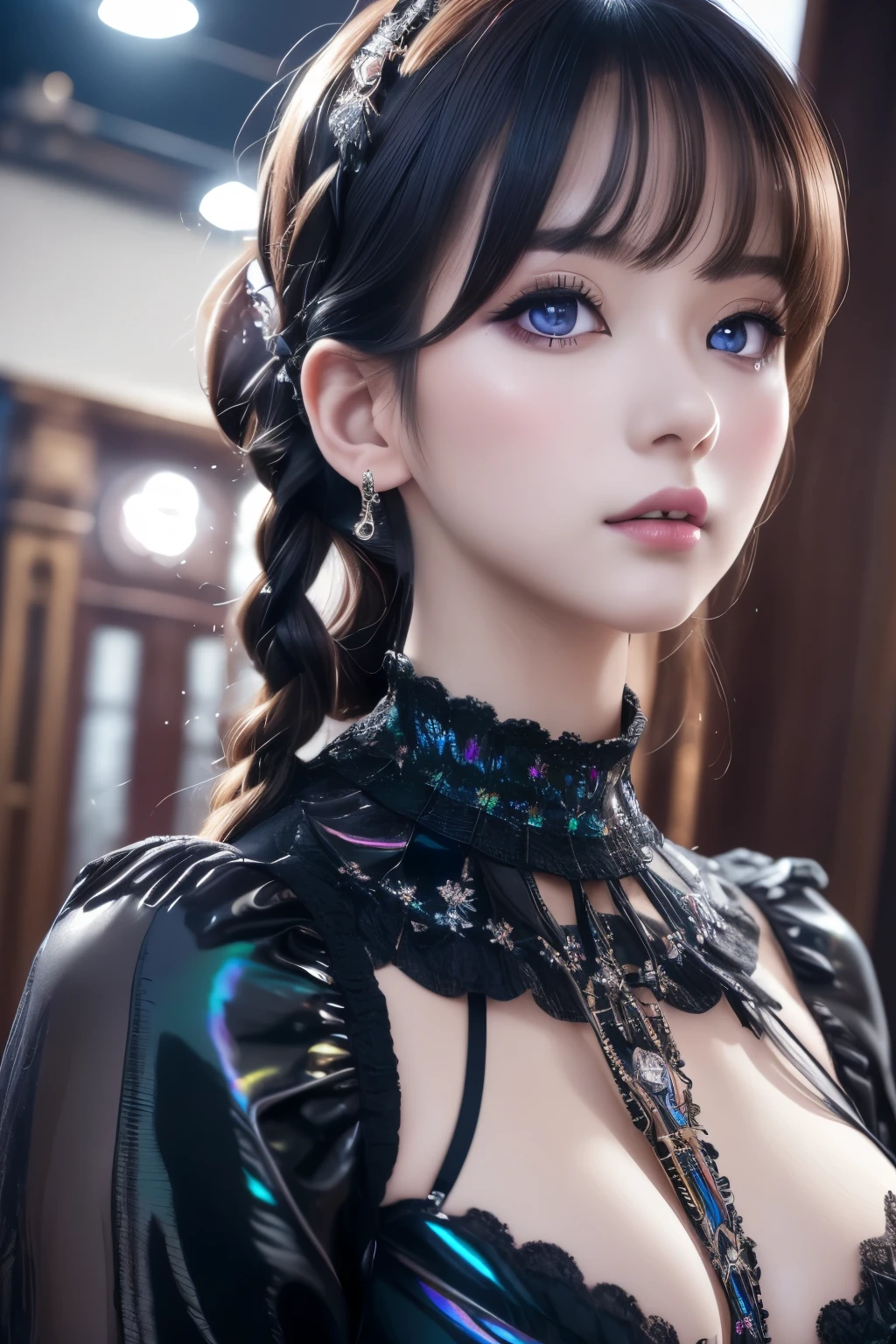 from below, best quality, 32k, RAW photo, incredibly absurdres, extremely detailed, delicate texture, beautiful lady, a cold gaze that looked down on me, wearing black gothic--fashion, amorous and lewd expression, glossy iridescent braided hair, perfect body line, great proportion, background gorgeous room, professional lighting