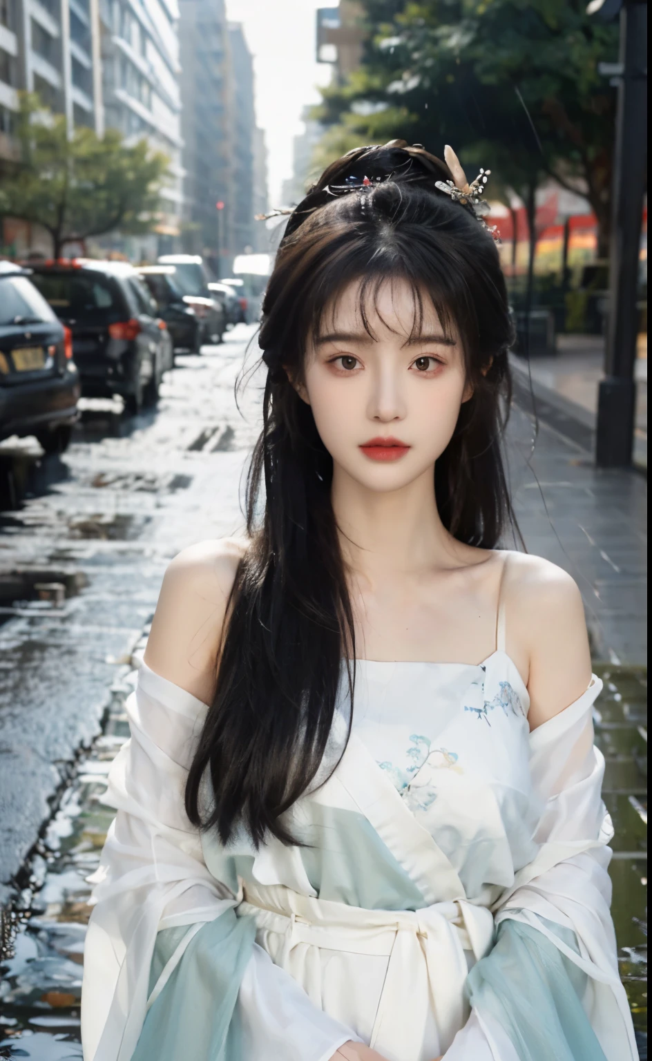 best quality,masterpiece,超high resolution,(photorealistic:1.4),8K RAW photos, high resolution,Chinese white Hanfu,Beautiful pattern, color embroidery, beautiful eye details, long eyelashes, RAW photos, facing the audience, upper part of body, Close-up shot, ((( landscape background))),(((1 girl))),solo,upper part of body, beautiful hairstyle, hair accessories, bead, jewelry, No action, front lighting, Smile, (looking at camera)