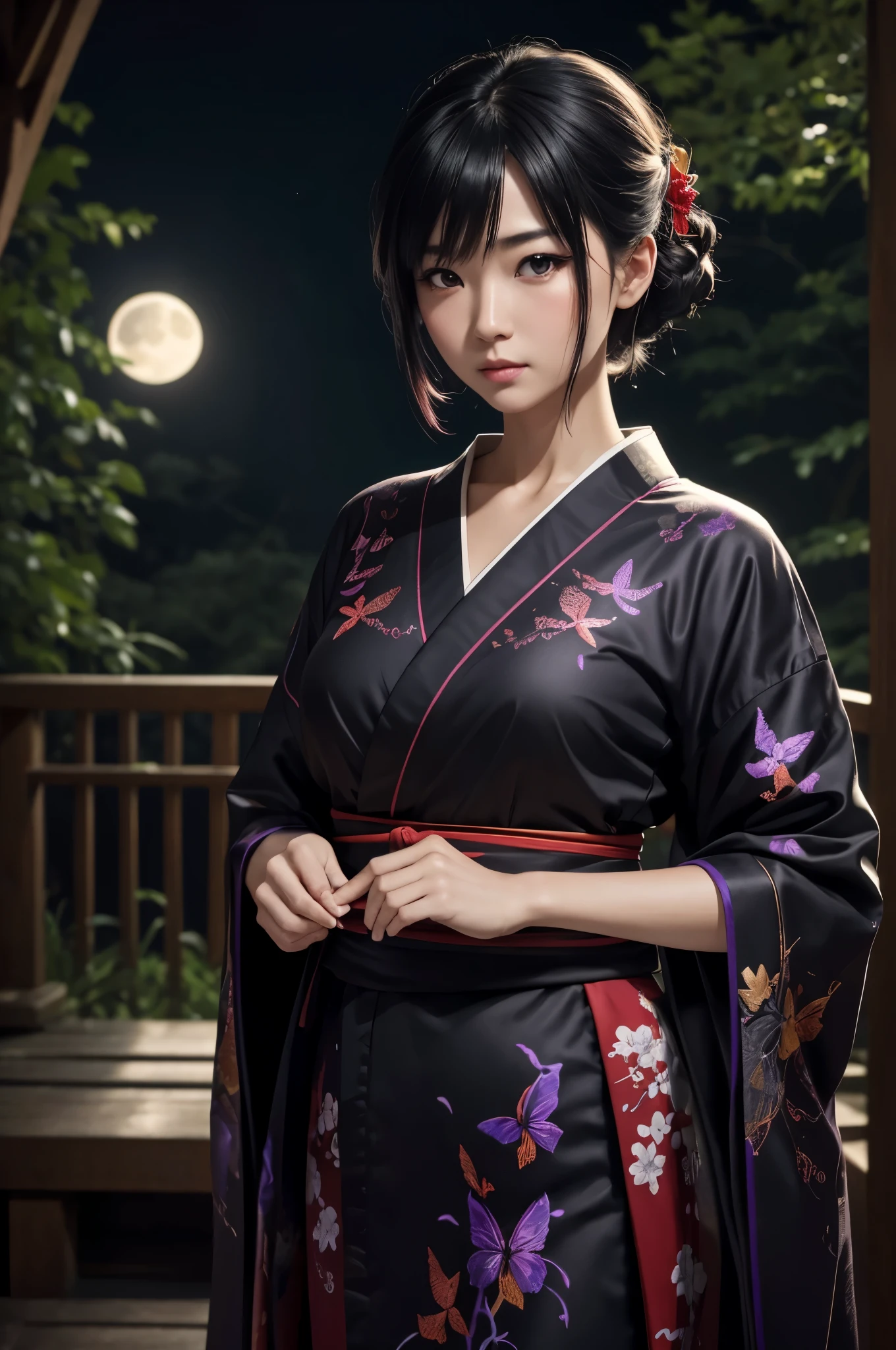 8K,red and black kimono,ultra high resolution,Super realistic,
