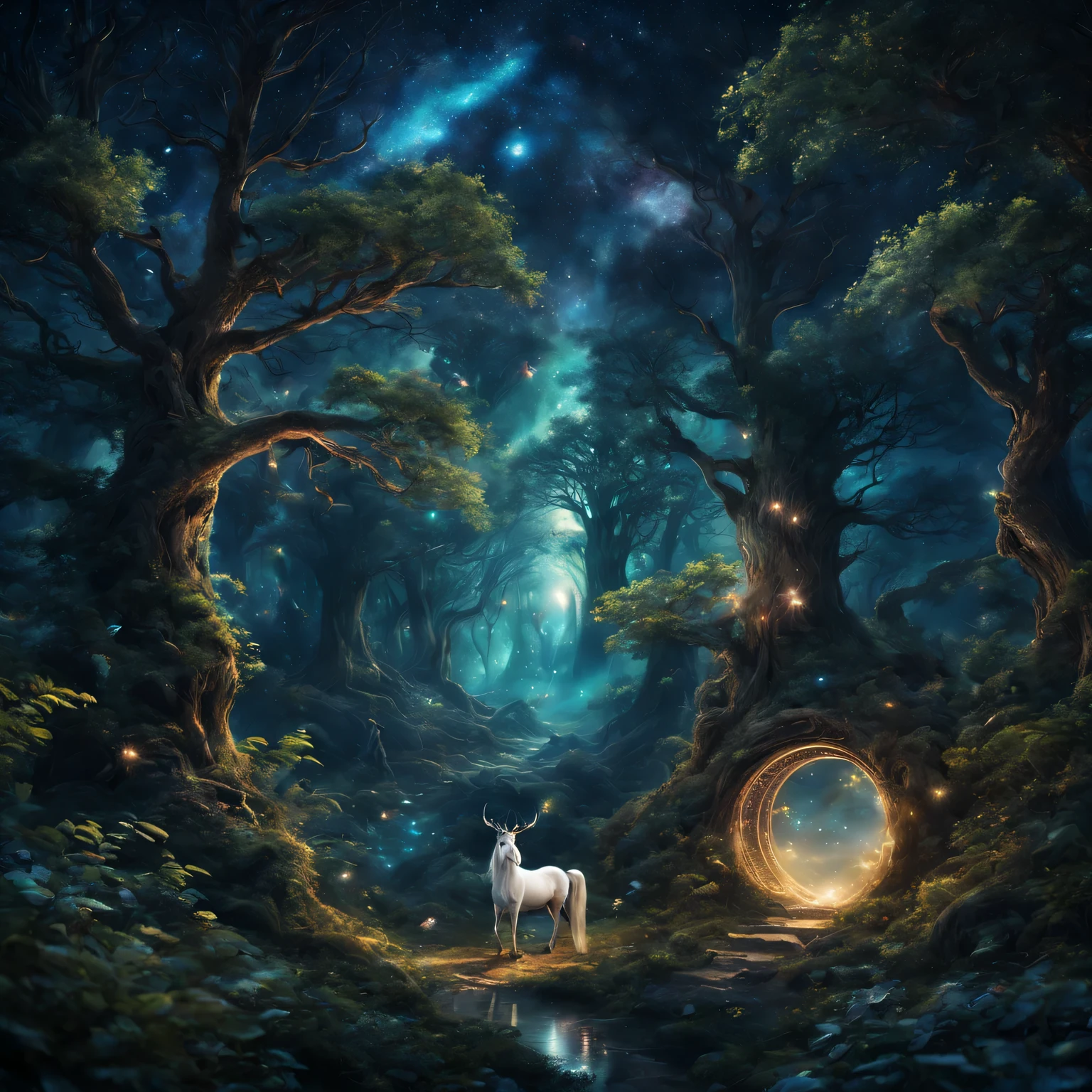 (best quality,high resolution),Magical forest scenes and charming starry sky gates,(actual:1.37),enchanted woodland,Charming atmosphere,Mysterious atmosphere and ethereal lighting,Vibrant color palette,Enchanting night sky,Sparkling stars and constellations,Bright moonlight,sparkling magic particles,dense foliage,ancient towering trees,whispering leaves,roaming magical creatures,majestic unicorns and fairies,a peaceful and serene atmosphere.