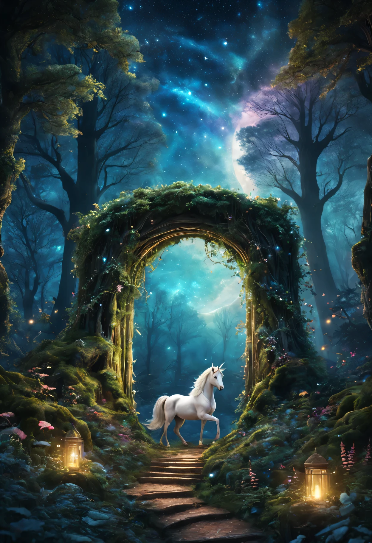 (best quality,high resolution),Magical forest scenes and charming starry sky gates,(actual:1.37),enchanted woodland,Charming atmosphere,Mysterious atmosphere and ethereal lighting,Vibrant color palette,Enchanting night sky,Sparkling stars and constellations,Bright moonlight,sparkling magic particles,dense foliage,ancient towering trees,whispering leaves,roaming magical creatures,majestic unicorns and fairies,a peaceful and serene atmosphere.