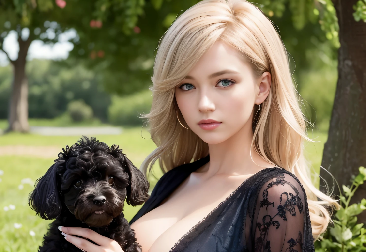 1teddy black Dog, poodle, Bichon frise, lovable, champagne dog, full body champagne dog hair, dog eyes, light blue eye, sit, during the day, sitting on the prairie, filled with beautiful flowers, long hair, beautiful detailed eyes, extremely detailed eyes and face, light on face, cute, best quality, masterpiece, illustration, an extremely delicate and beautiful, extremely detailed ,CG ,unity ,8k wallpaper, Amazing, finely detail, masterpiece, best quality, official art, extremely detailed CG unity 8k wallpaper, ultra-detailed, highres, extremely detailed, (best quality), (realistic, photo-realistic:1.2), 8k, soft lighting, high quality, official art, extremely detailed CG unity 8k wallpaper, cinematic lighting.