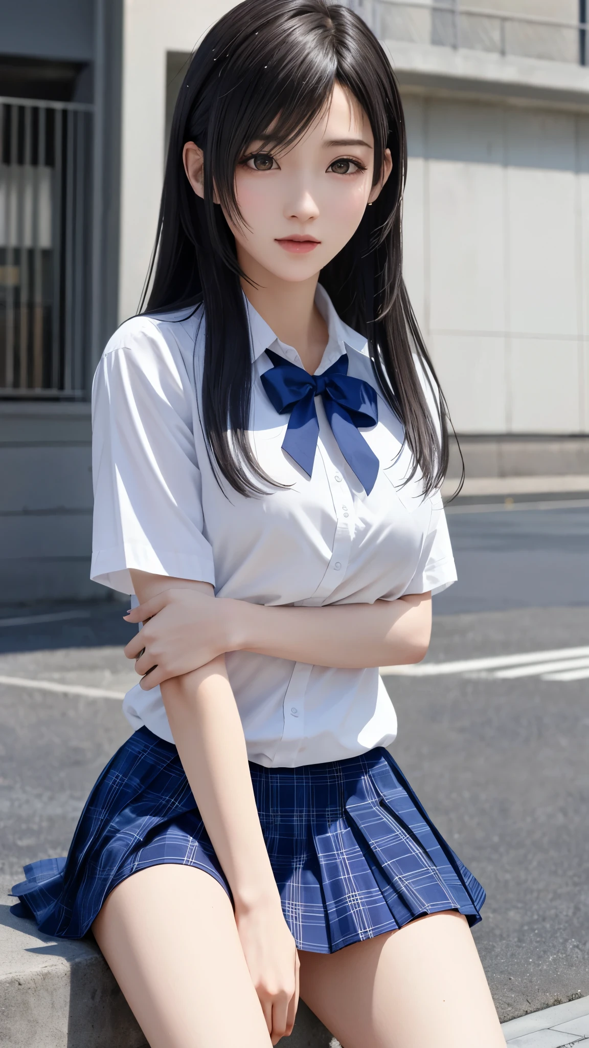 (top quality, masutepiece: 1.1), (Realistic: 1.3), (photoRealistic: 1.3),wallpapers, BREAK (((FF7,Tifa_lockhart))),(((Japan jk uniform,White short-sleeved shirt,Navy Blue Plaid Pleated mini-Skirt,Dark blue short socks,loafers))),(background big city,shibuya:1.1,hard rain:1.3,dark:1.2),(gravure pose:1.3,nogizaka idol),Ultra-detailed face, Detailed eyes,Red eyes, BREAK (((FF7,Tifa_lockhart))),(black brown hair, Large breasts: 1.2), BREAK , About 18 years old,kawaii,(face focus:1.2),sensual,zettai_ryouiki:1.1,looking at viewer,Beautiful legs, BREAK (soaked:1.2),(wet body:1.3,wet hair:1.2,wet face:1.3,wet shirt,wet skirt)