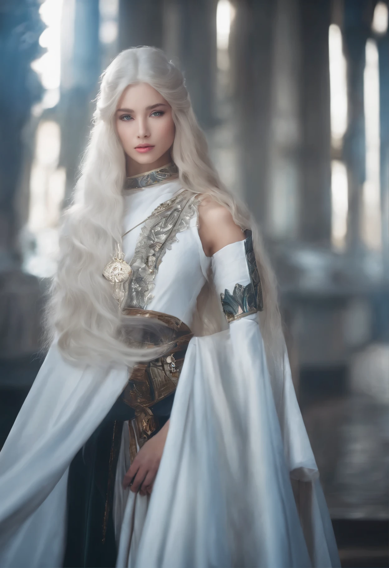 a young beautiful woman, kosmos,very_long_hair, 1girl, kosmos, solo, white_armor,best quality, ultra high res,tokyo fashion,