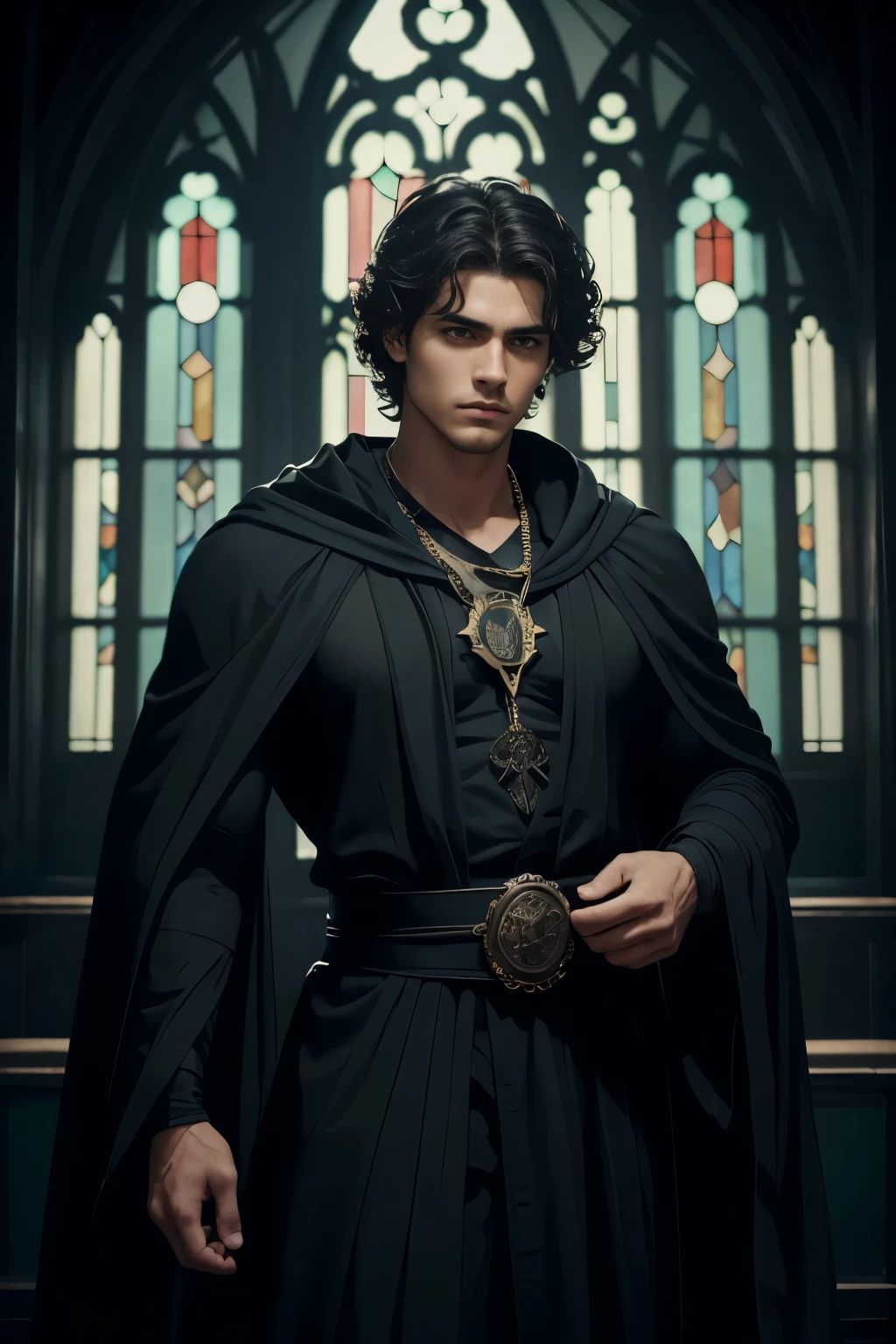((Mejor calidad)), ((obra maestra)), (detallado), ((cara perfecta)), ((medio cuerpo)) perfect proporciones, he is a handsome man, 25 years, con ojos verdes intensos, cabello rizado oscuro, Tiene la piel bronceada, He wears a black robe, el tiene una cara seria, He is sexy, he has a wizard&#39;s robe, there is a gothic window background behind it ((cara perfecta))