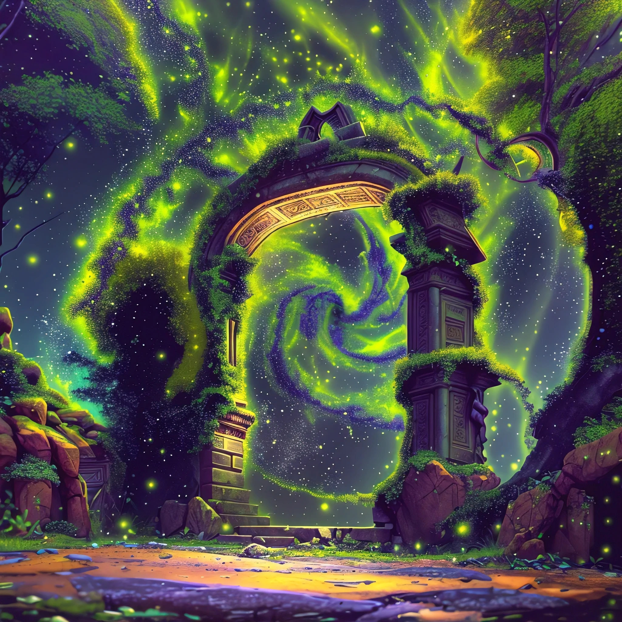 (best quality,4k,8k,highres,masterpiece:1.2),ultra-detailed,realistic, vivid colors,bokeh,ancient gateway of time and space, mystical atmosphere, crumbling stone structure, overgrown with ivy and moss, ethereal light shining through, mysterious symbols carved on the gate, swirling vortex beyond the gate, celestial bodies in the background, ancient relics scattered around, forgotten whispers of the past, time-worn textures, a sense of wonder and discovery, otherworldly landscapes, a bridge between dimensions, a portal to the unknown, a glimpse into the secrets of the universe