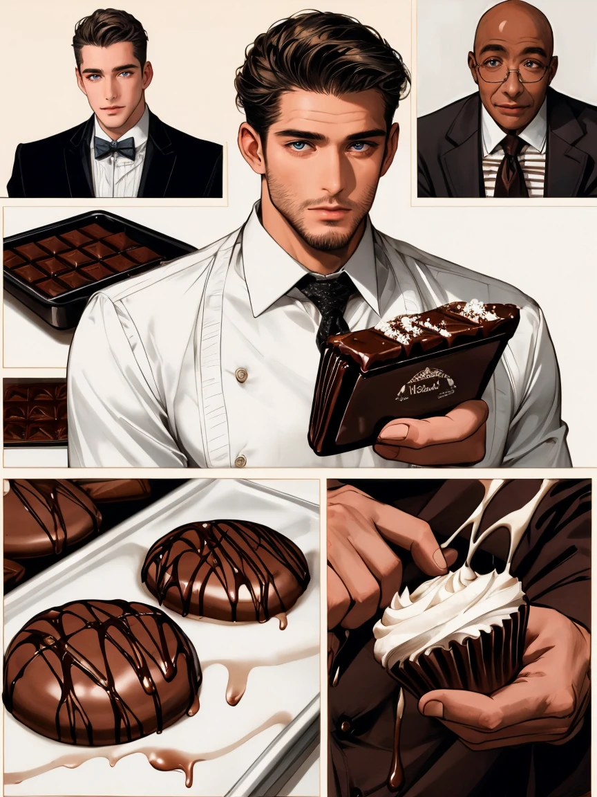 masterpiece, collage of a man baking chocolate