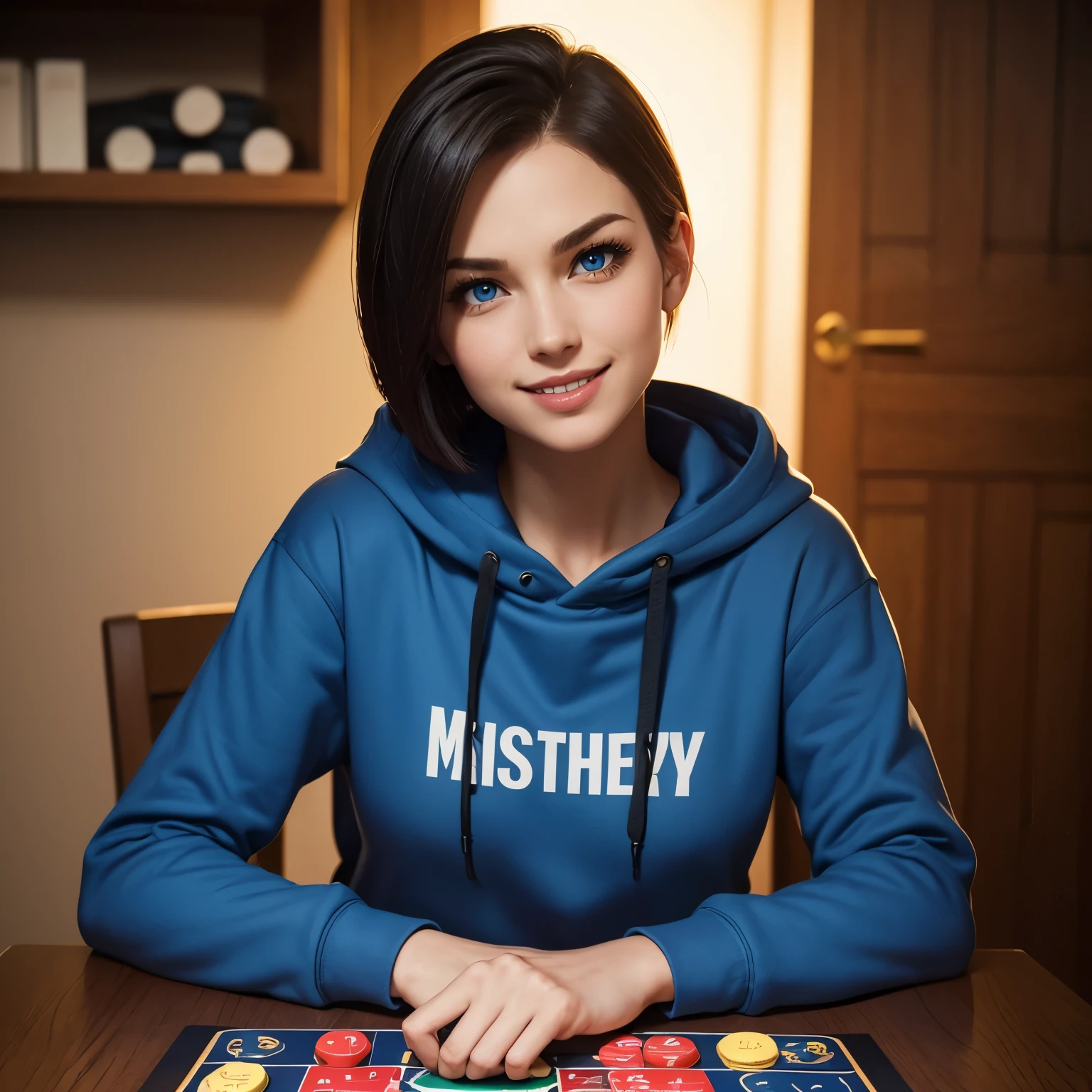 Jill Valentine, blue eyes, short straight hair, cute, sexy, oversized hoodie, sitting across table, strategy board game, mischievous grin, eye brow raised,