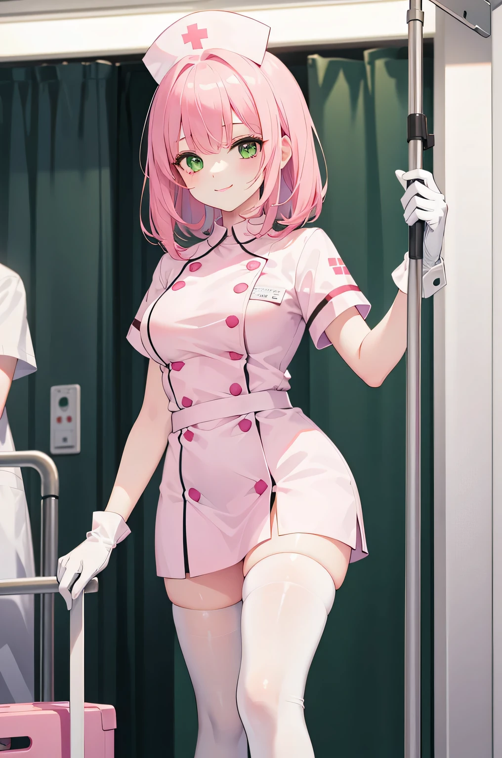 1 girl, alone, nurse, nurse cap, Whiteware, ((white legwear, zettai ryouiki)), white gloves, pink hair, green eyes, droopy eyes, smile, Are standing, ((hospital room)), sharp outline, short sleeve, highest quality, masterpiece