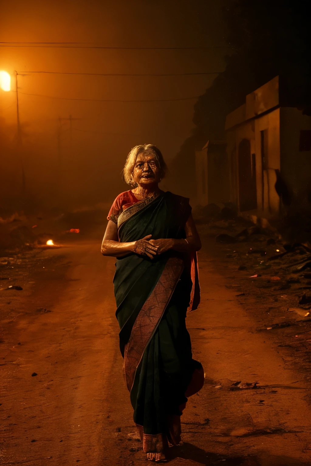 A spectral figure of an old lady emerges in the deserted night, clad in a traditional saree. The once vibrant fabric now appears tattered and worn, trailing behind her as she gently floats above the abandoned road. Her face is smeared with blood, running down her wrinkled cheeks in rivulets. Her right eye is completely burnt, leaving a charred and gruesome sight. The background is a canvas of darkness, occasionally illuminated by the distant flickering of a dying campfire or the occasional car headlights passing by. The once beautiful road is now a scene of desolation, with the cracked, uneven surface reflecting the dim light, creating an eerie and unsett
