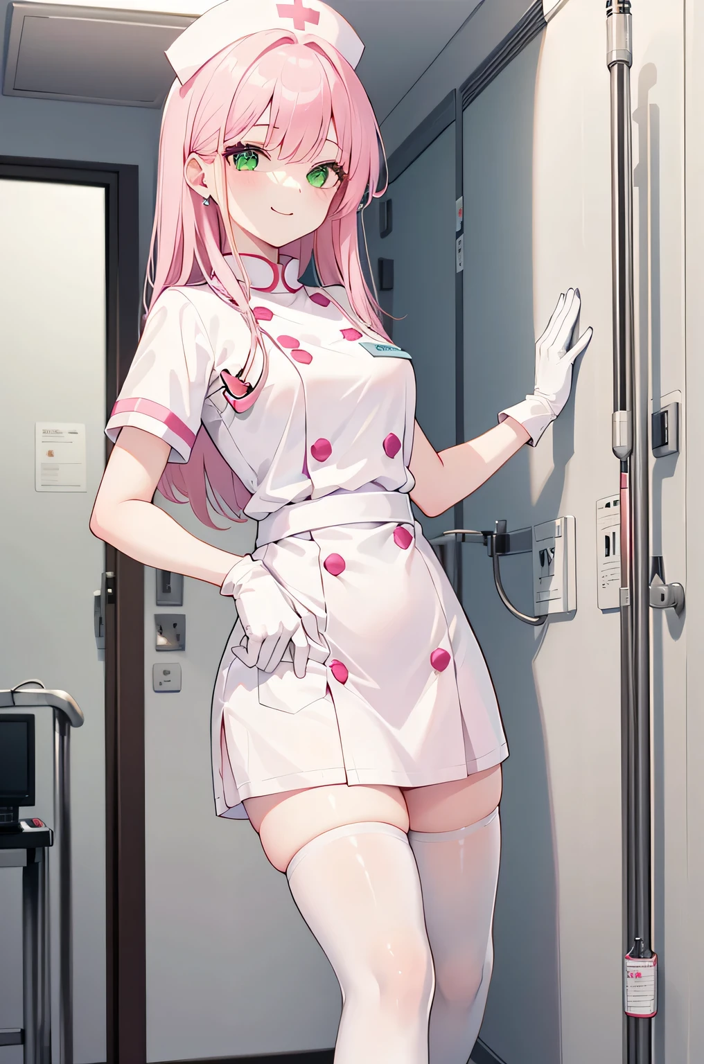 1 girl, alone, nurse, nurse cap, Whiteware, ((white legwear, zettai ryouiki)), white gloves, pink hair, green eyes, droopy eyes, smile, Are standing, ((hospital room)), sharp outline, short sleeve, highest quality, masterpiece