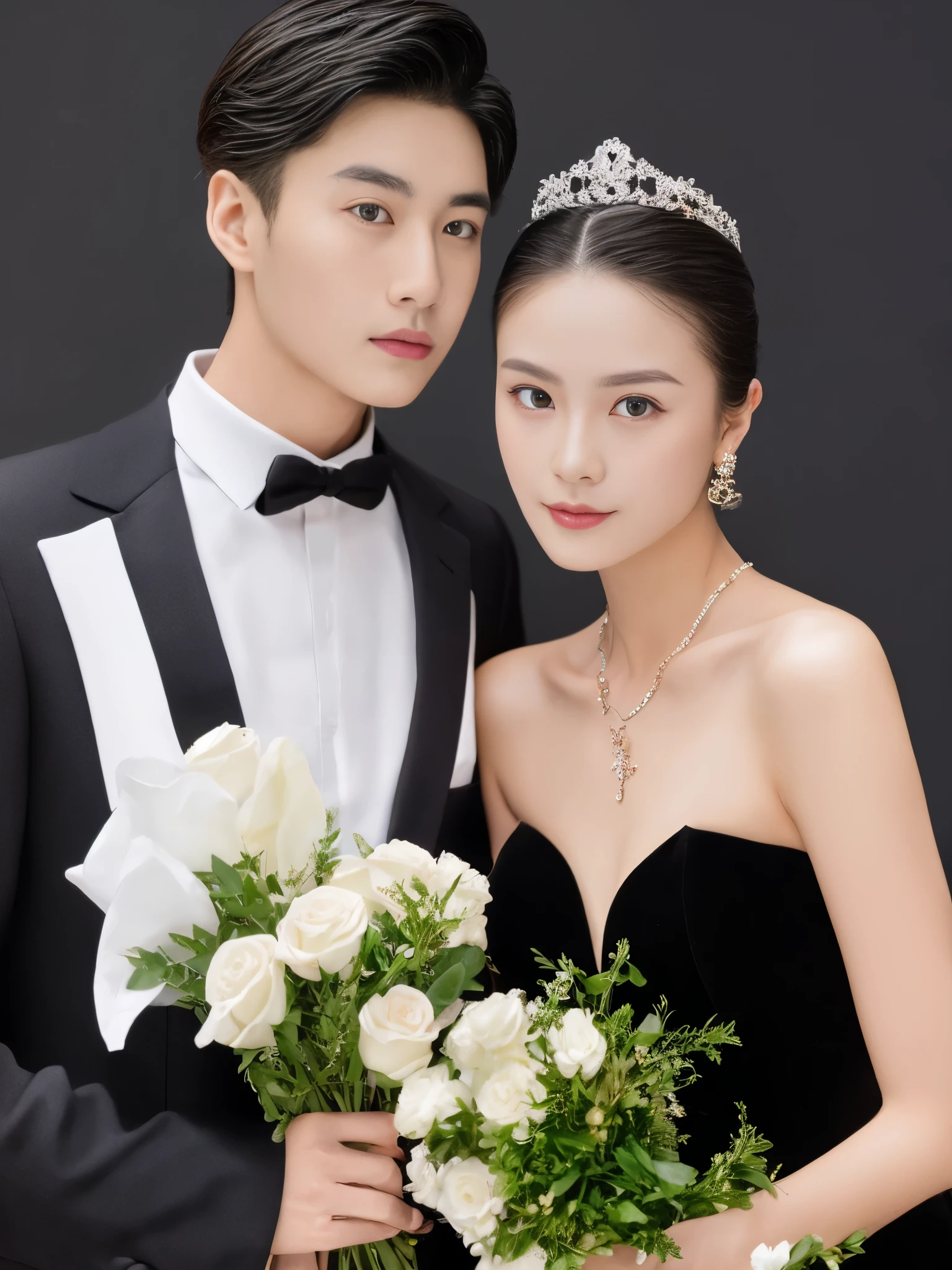 couple, portrait, formal attire, woman in black dress, man in black suit, black background, studio lighting, elegance, sophistication, tiara, necklace, bouquet, roses, pose, Asian ethnicity, side-by-side, looking at camera, serene expression, makeup, clear skin, young adults, fashion, beauty, styled hair, romance, partnership, unity, engagement photo., masterpiece,best quality,ultra-detailed,