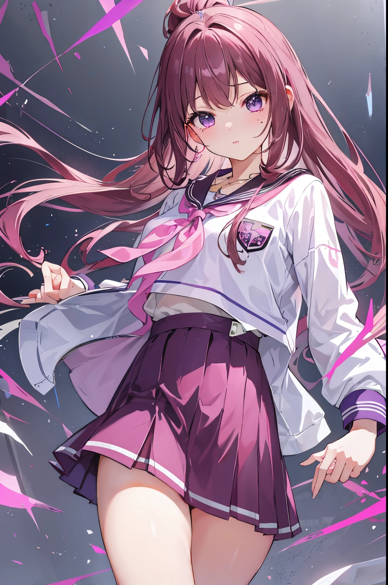 Thick pink brown hair,high ponytail,Beautiful, soulful and delicate deep purple eyes,Sweet and soft girl,特别软萌cute,There are beauty moles,Wearing a white JK school uniform,blue leather jacket,age girl feeling,The body is fluorescent,十分Amazing,Beautiful and beautiful,Very nice face、figure,purple crystal necklace,Particularly clear、Amazing、pure、Sunlight、cute