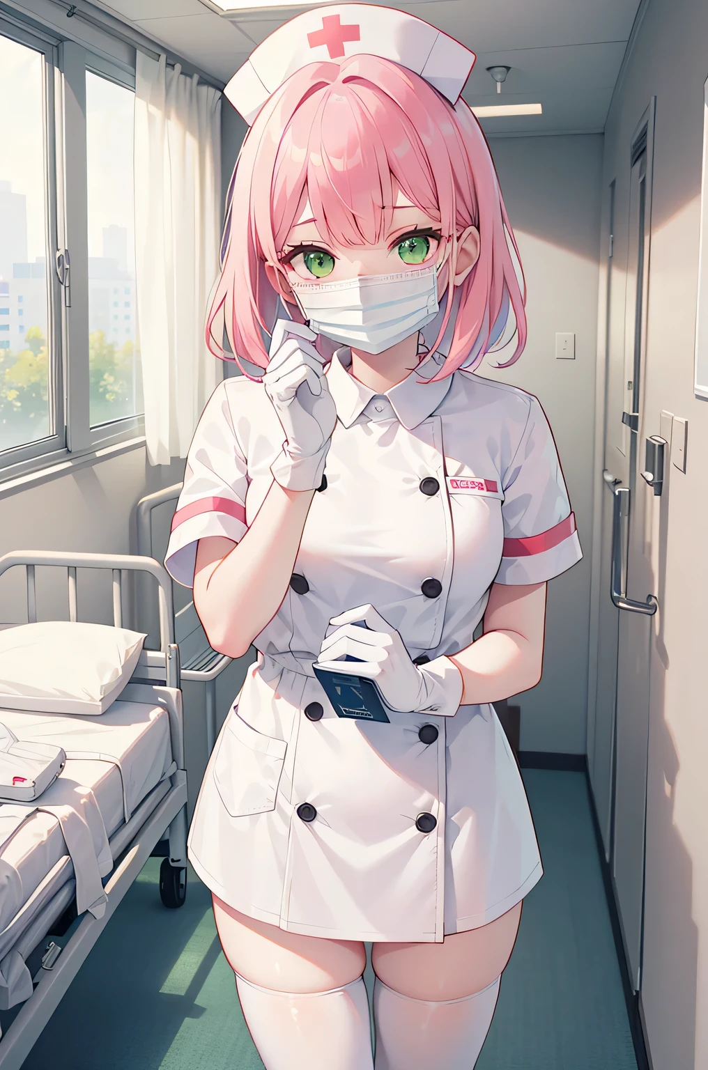 1 girl, alone, nurse, nurse cap, Whiteware, ((white legwear, zettai ryouiki)), white gloves, pink hair, green eyes, droopy eyes, ((White surgical mask, Covered nose)), Are standing, ((hospital room)), sharp outline, short sleeve, highest quality, masterpiece