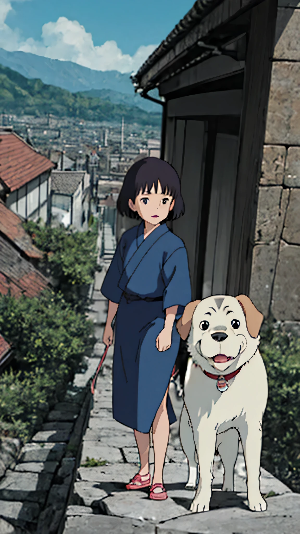 Anime scene where a woman and her dog are looking at the city, 宮崎アニメmovie, by Miyazaki, gibli mebius, 宮崎movie, ja miyazaki, by hayao miyazaki, in hayao miyazaki'Style, hayao miyazaki'Style, ghibli art style, hayao miyazaki\movie