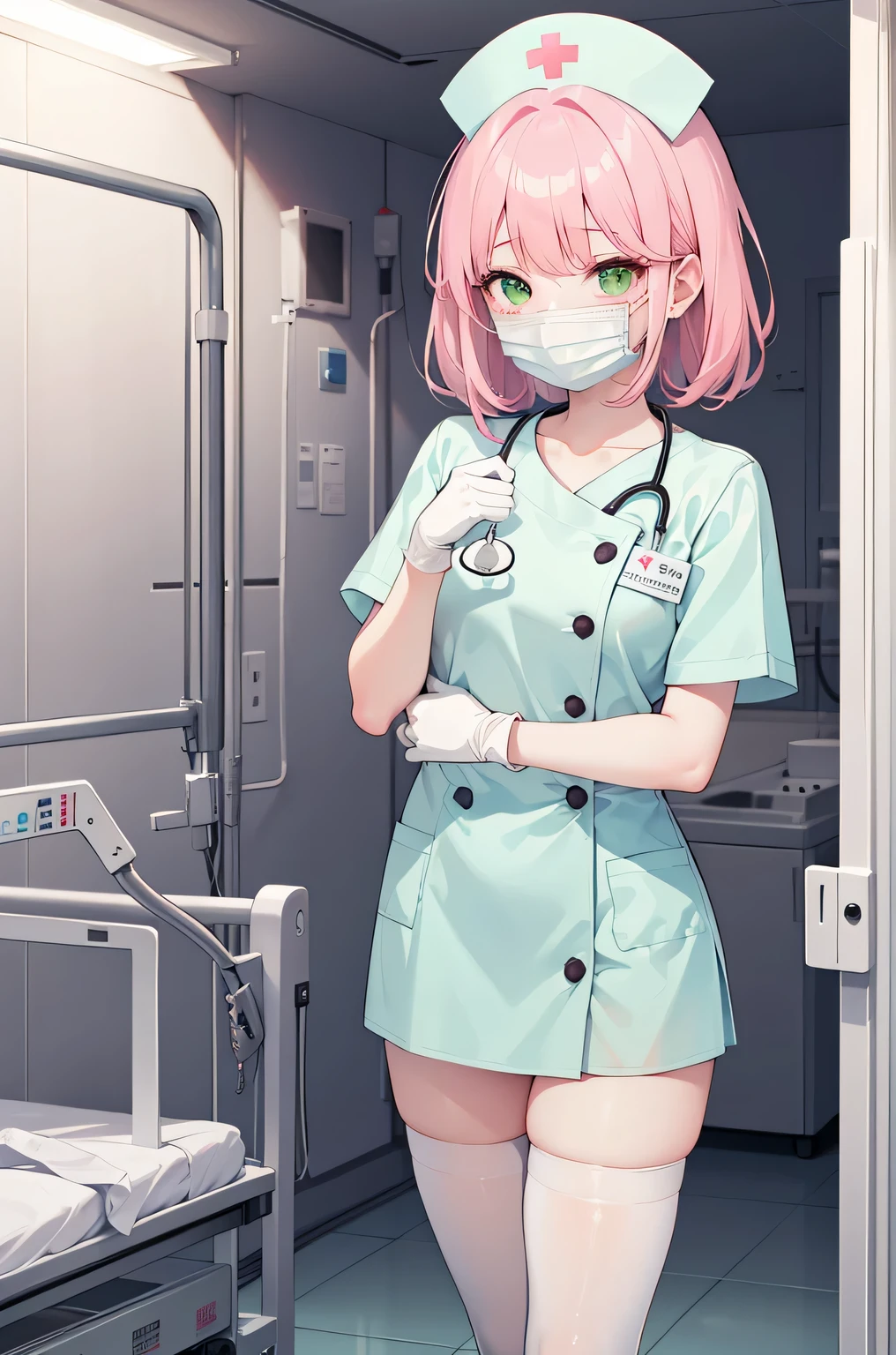 1 girl, alone, nurse, nurse cap, Whiteware, ((white legwear, zettai ryouiki)), white gloves, pink hair, green eyes, droopy eyes, ((White surgical mask, Covered nose)), Are standing, ((hospital room)), sharp outline, short sleeve, highest quality, masterpiece