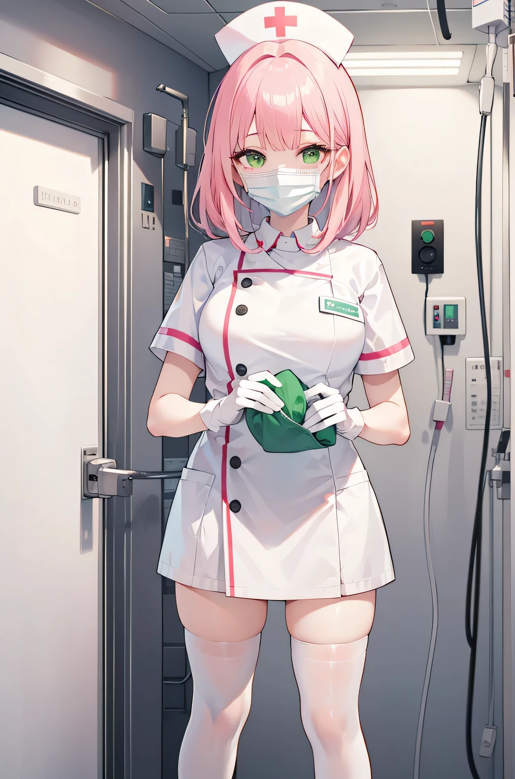 1 girl, alone, nurse, nurse cap, Whiteware, ((white legwear, zettai ryouiki)), white gloves, pink hair, green eyes, droopy eyes, ((White surgical mask, Covered nose)), Are standing, ((hospital room)), sharp outline, short sleeve, highest quality, masterpiece