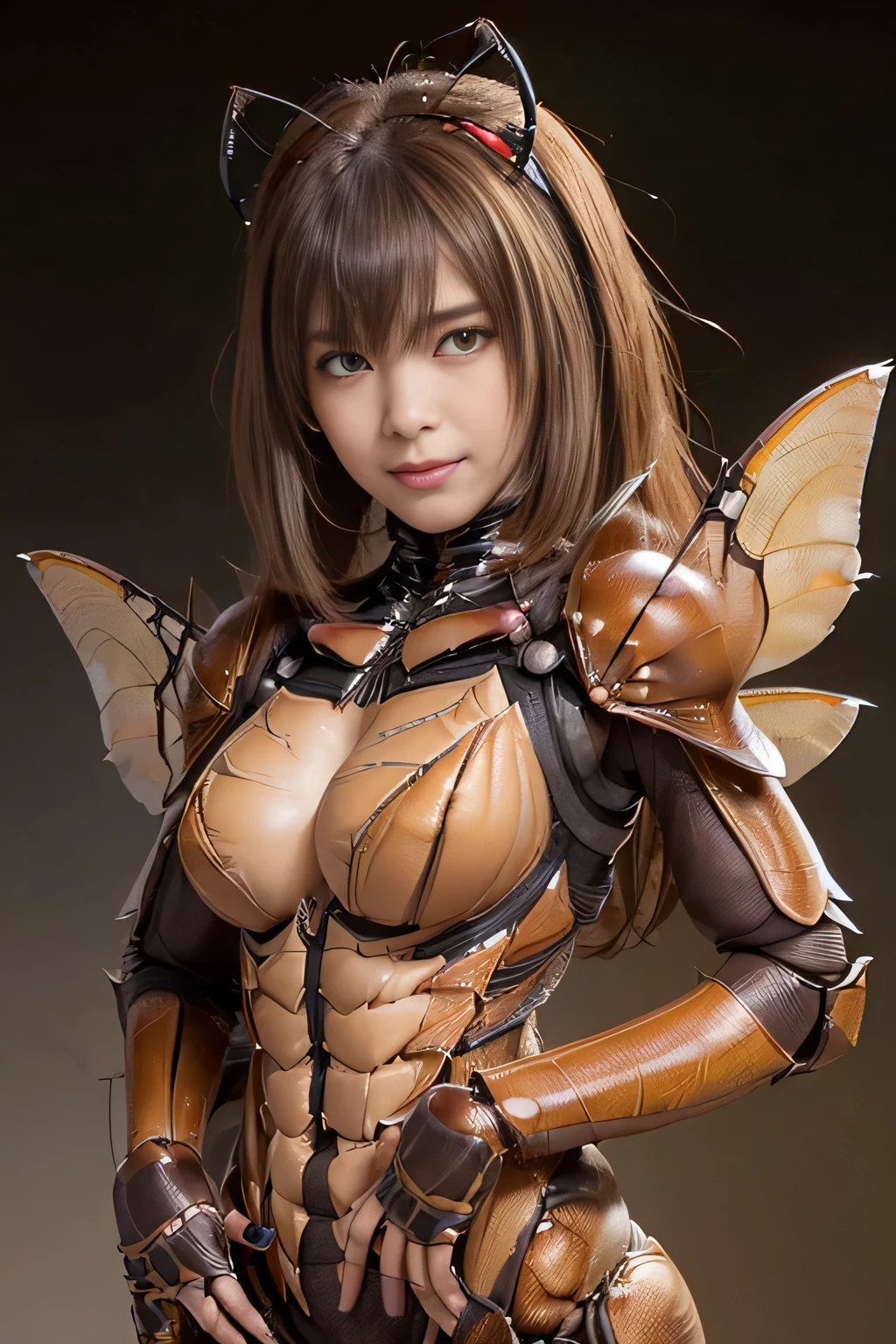 (High resolution,masterpiece,highest quality,Very detailed CG, anime, official art:1.4), realistic, photograph, amazing detail, all complicated, luster and luster,great many layers, 8k wallpaper, 3D, sketch, cute, figure,( alone:1.4), perfect female proportions,villain's daughter, (Fusion of dark brown cockroach and lady:1.4), (brown cockroach form lady:1.2), (brown cockroach woman:1.2), (Fusion:1.2), (alone:1.4), (evil smile:1.2), muscular, abs, (Cockroach brown exoskeleton bio insect suit:1.4), (Cockroach brown exoskeleton bio insect armor:1.2), (brown transparent cockroach feathers:1.4), (brown cockroach antenna:1.3),