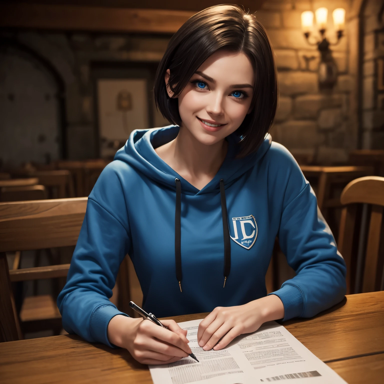 Jill Valentine, blue eyes, short straight hair, cute, oversized hoodie, sitting across table, dungeons and dragons, mischievous grin, eye brow raised,