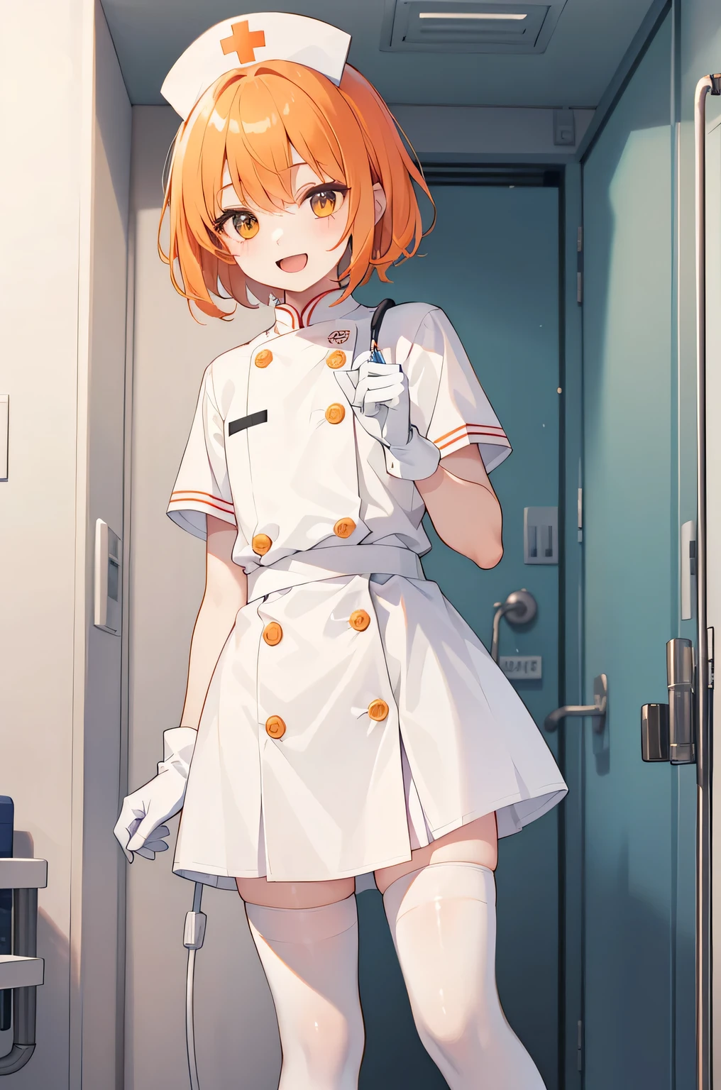 1 boy, alone, male focus, nurse, nurse cap, Whiteware, ((white legwear, zettai ryouiki)), white gloves, short hair, orange hair, smile, open your mouth, Are standing, ((hospital room)), sharp outline, short sleeve, Shota, ************, highest quality, masterpiece