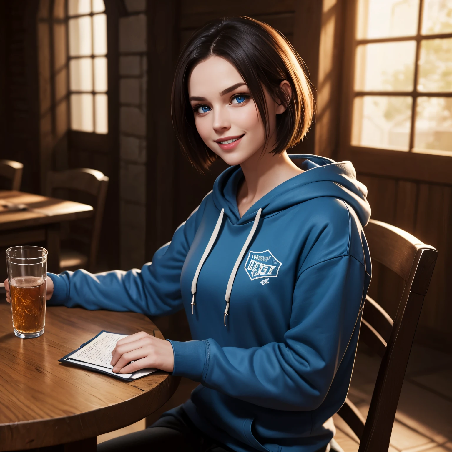 Jill Valentine, blue eyes, short straight hair, cute, oversized hoodie, sitting across table, dungeons and dragons, mischievous grin, eye brow raised,