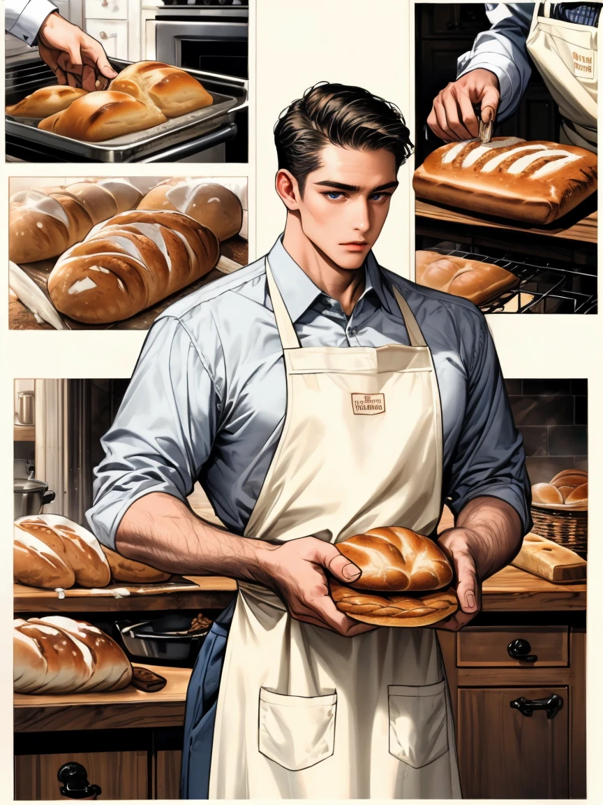 masterpiece, collage of a man baking bread, apron