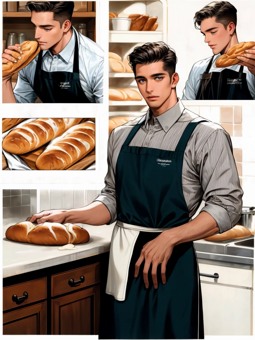 masterpiece, collage of a man baking bread, apron