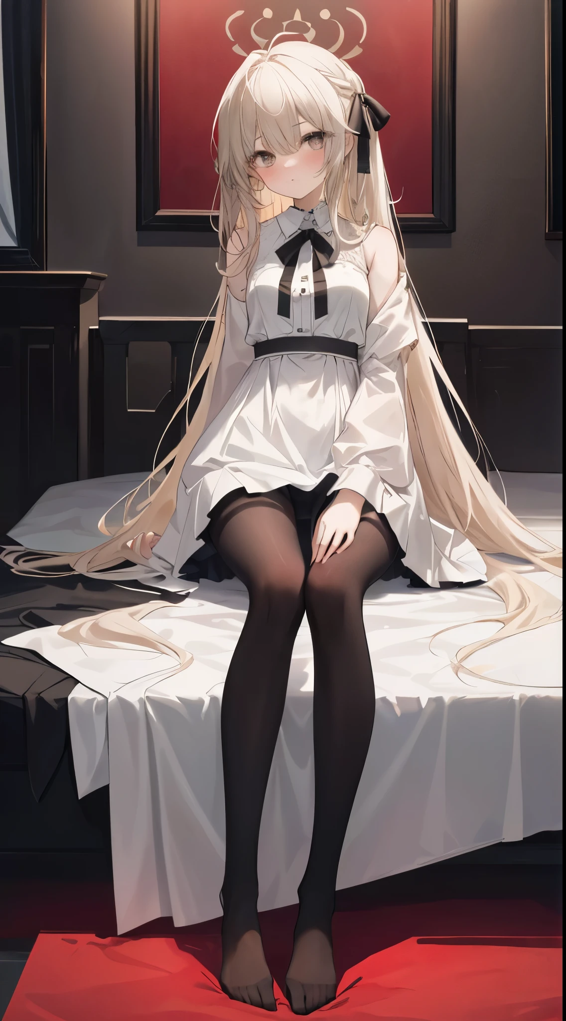 finest, masterpiece, High resolution, (Full body view from head to toe), front, frontやや下からの構図, Symmetrical, 18 year old tall girl, alone, (whole body from head to toe), (small breasts), messy hair, bangs, (black tights), (black pantyhose), (sitting with legs spread apart), (squating pose), (composition showing white panties), (Her legs are spread open and her white panties are visible.), made to sit with legs spread, (M-shaped legs), Slender legs, A very beautiful and tall 18 year old girl, (not wearing shoes), blush, shy big eyes, looking at camera