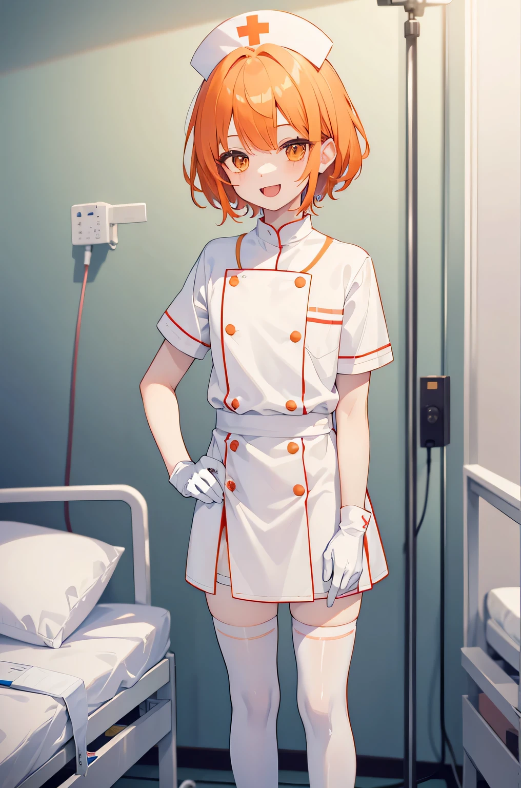 1 boy, alone, male focus, nurse, nurse cap, Whiteware, ((white legwear, zettai ryouiki)), white gloves, short hair, orange hair, smile, open your mouth, Are standing, ((hospital room)), sharp outline, short sleeve, Shota, ************, highest quality, masterpiece