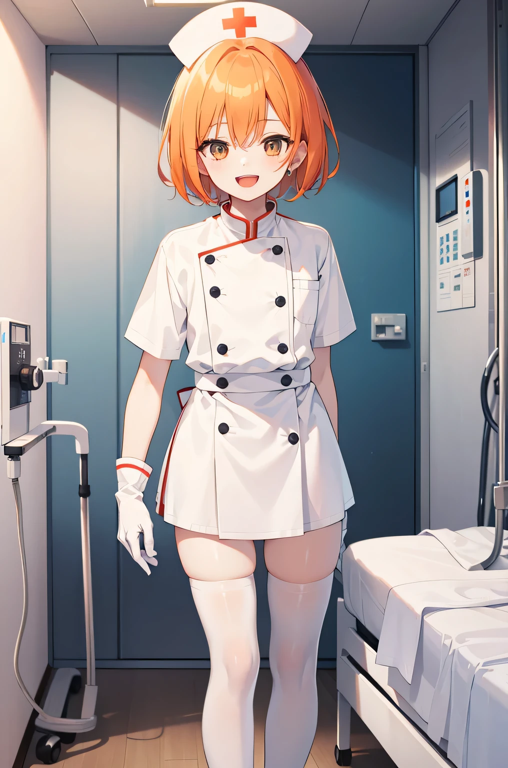 1 boy, alone, male focus, nurse, nurse cap, Whiteware, ((white legwear, zettai ryouiki)), white gloves, short hair, orange hair, smile, open your mouth, Are standing, ((hospital room)), sharp outline, short sleeve, Shota, 12 years old, highest quality, masterpiece