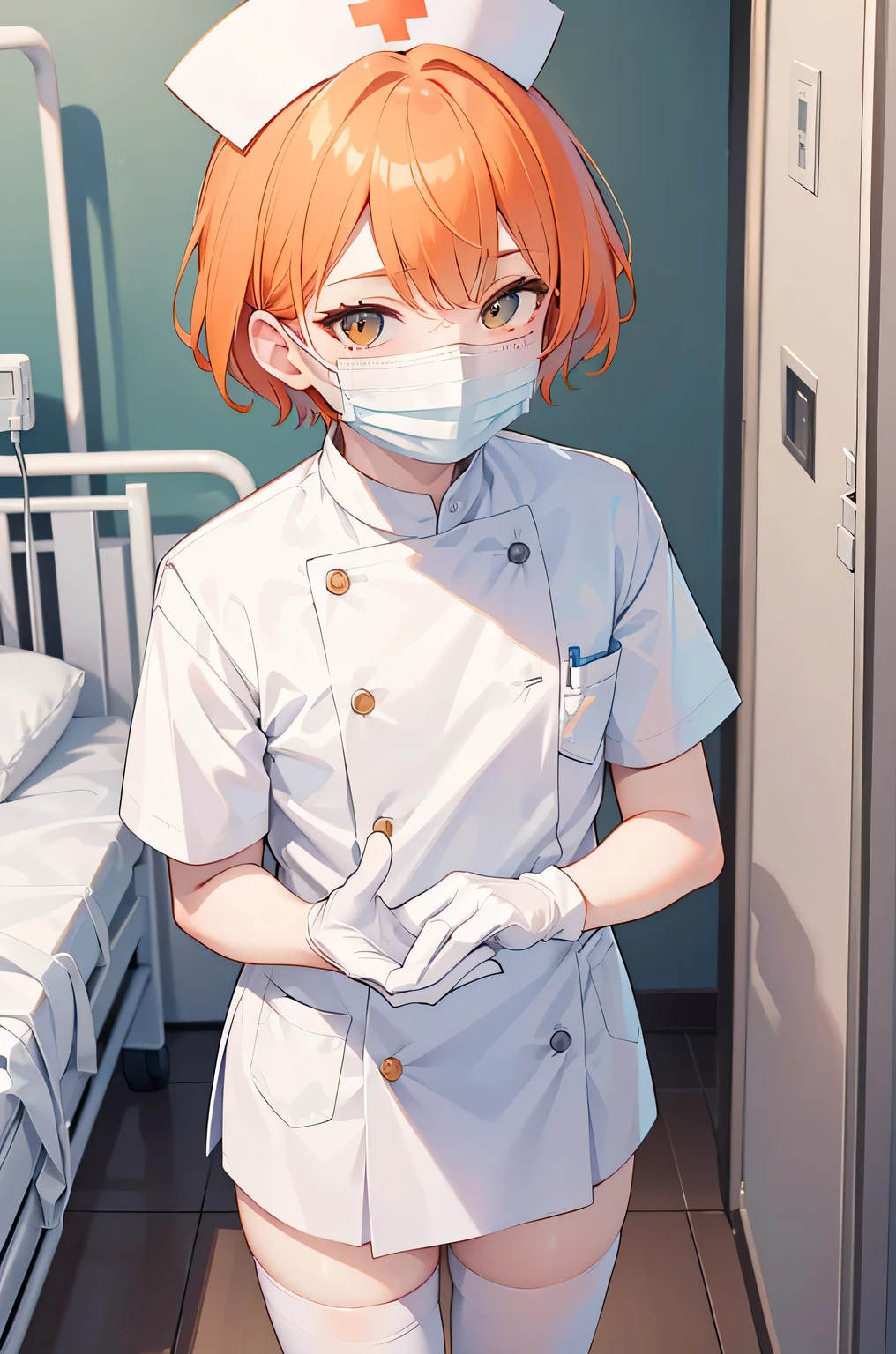 1 boy, alone, male focus, nurse, nurse cap, Whiteware, ((white legwear, zettai ryouiki)), white gloves, short hair, orange hair, ((White surgical mask, Covered nose)), Are standing, ((hospital room)), sharp outline, short sleeve, Shota, 12 years old, highest quality, masterpiece