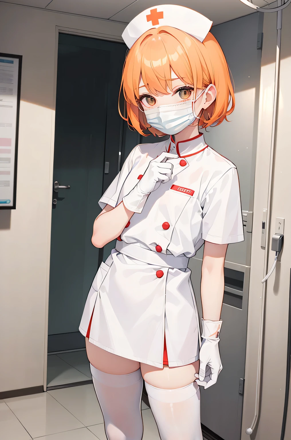 1 boy, alone, male focus, nurse, nurse cap, Whiteware, ((white legwear, zettai ryouiki)), white gloves, short hair, orange hair, ((White surgical mask, Covered nose)), Are standing, ((hospital room)), sharp outline, short sleeve, Shota, 12 years old, highest quality, masterpiece