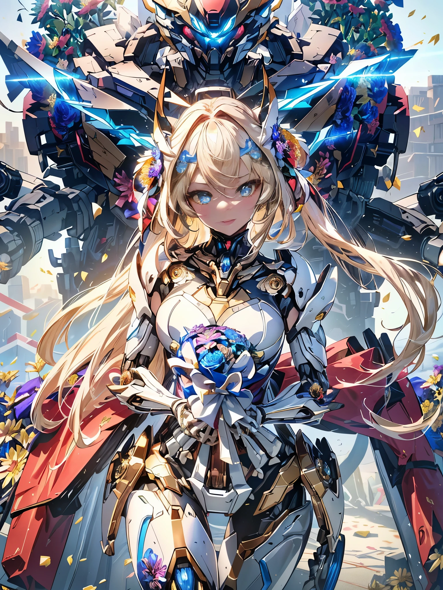 masterpiece,highest quality,super detailed,very detailedイラスト,very detailed,intricate details,High resolution,超intricate details,very detailed 8k cg wallpaper,cowboy shot, caustics,reflection,ray tracing,demo theme,nebula,(Super robot based on white)、Combined robot image、cyber effect, (1 girl:1.4),alone,alone,mecha musume,mechanical parts, robot joints,single mechanical arm, headgear, mechanical harrow,Star Halo,gold intricate mechanical bodysuit, mech corset, full armor, hair between eyes, golden hair, colored inner hair, Blue eyes,glowing eyes,(Holding a bouquet filled with beautiful flowers、give me a present:1.7)parade、Japan architecture, starry sky,skyline,