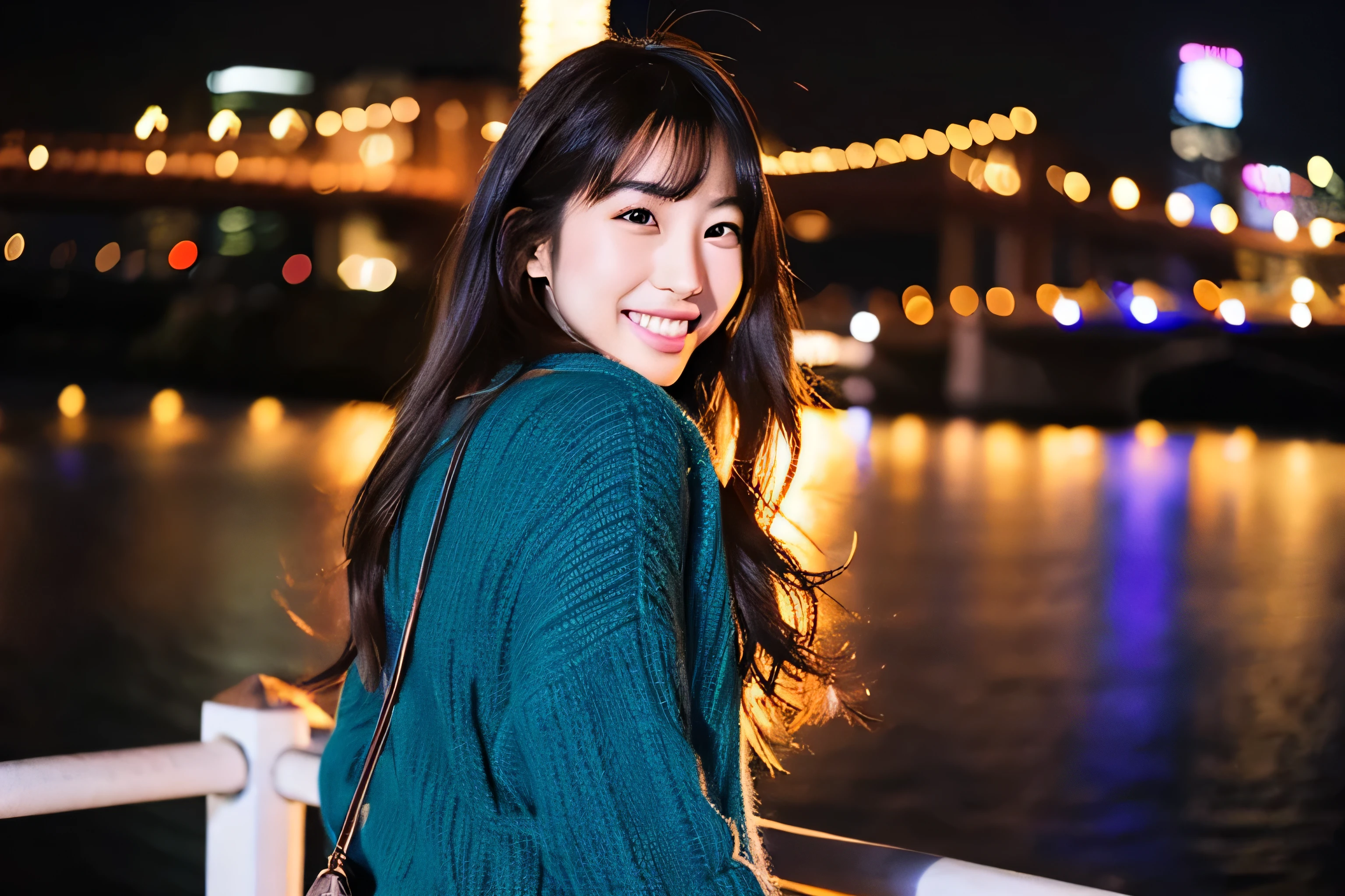 beautiful girl、Idol、smile、look at the camera、28 years old、Japanese、knit、night view、date、