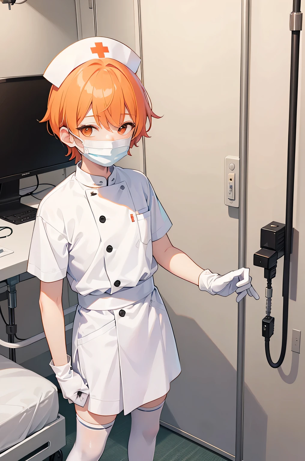 1 boy, alone, male focus, nurse, nurse cap, Whiteware, ((white legwear, zettai ryouiki)), white gloves, short hair, orange hair, ((White surgical mask, Covered nose)), Are standing, ((hospital room)), sharp outline, short sleeve, Shota, ************, highest quality, masterpiece