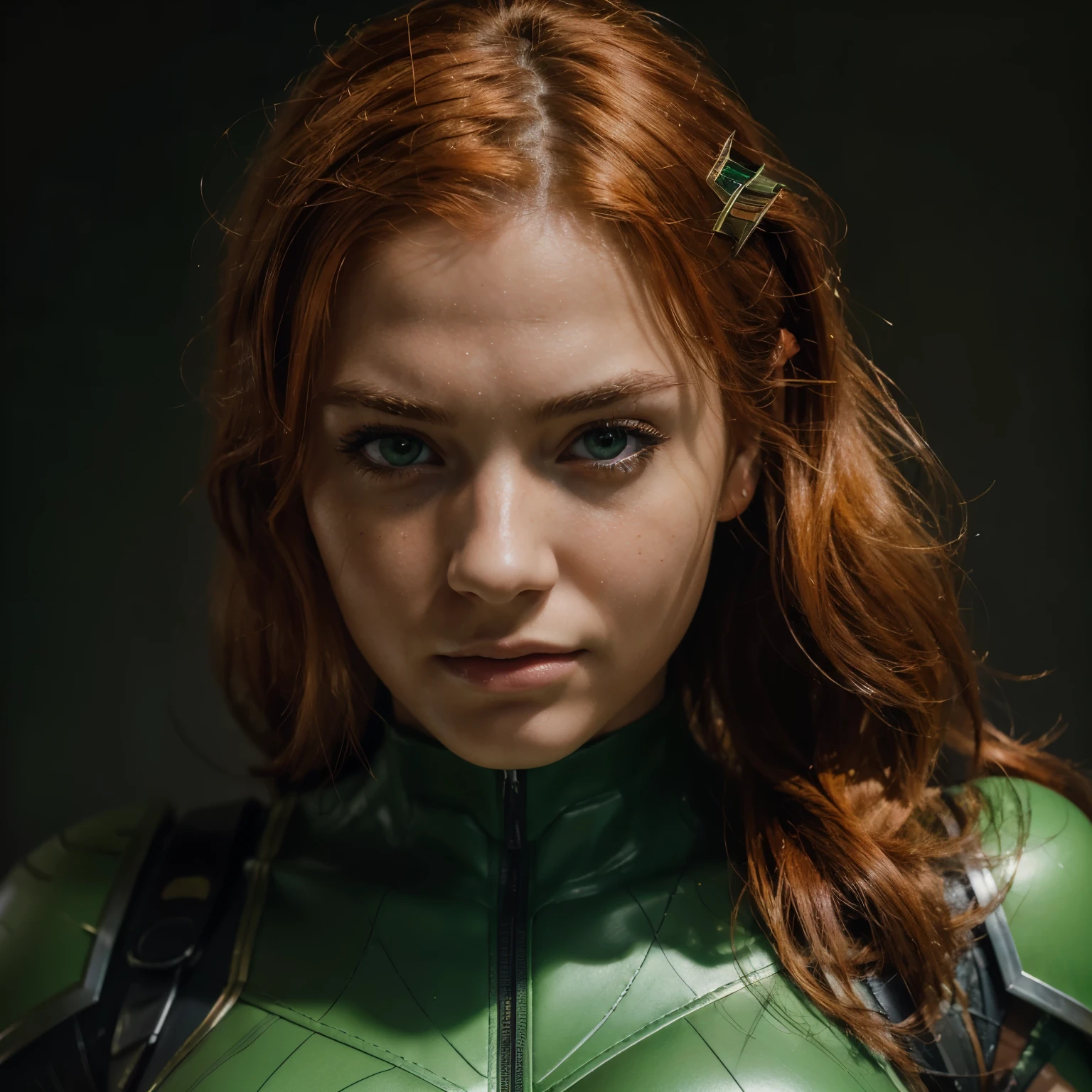 (best quality,highres,ultra-detailed,realistic),portraits,comics panel,A girl with orange hair, green eyes and a heroic persona,1girl,detailed eyes and face,beautiful detailed lips,black and green hero costume,confident and determined expression,action pose,medium:comics style rendering,bright and vibrant colors,studio lighting