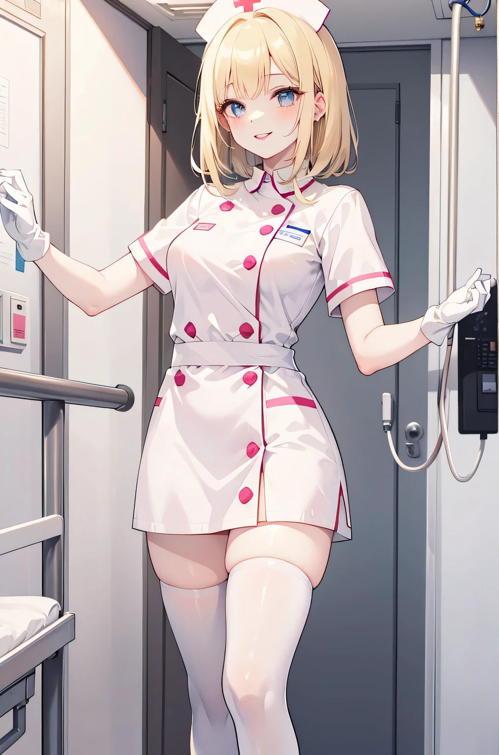 1 female, alone, nurse, nurse cap, Whiteware, ((white legwear, zettai ryouiki)), white gloves, blonde hair, blue eyes, pink lips, smile, Are standing, ((hospital room)), sharp outline, short sleeve, mature woman, 35 years old, highest quality, masterpiece