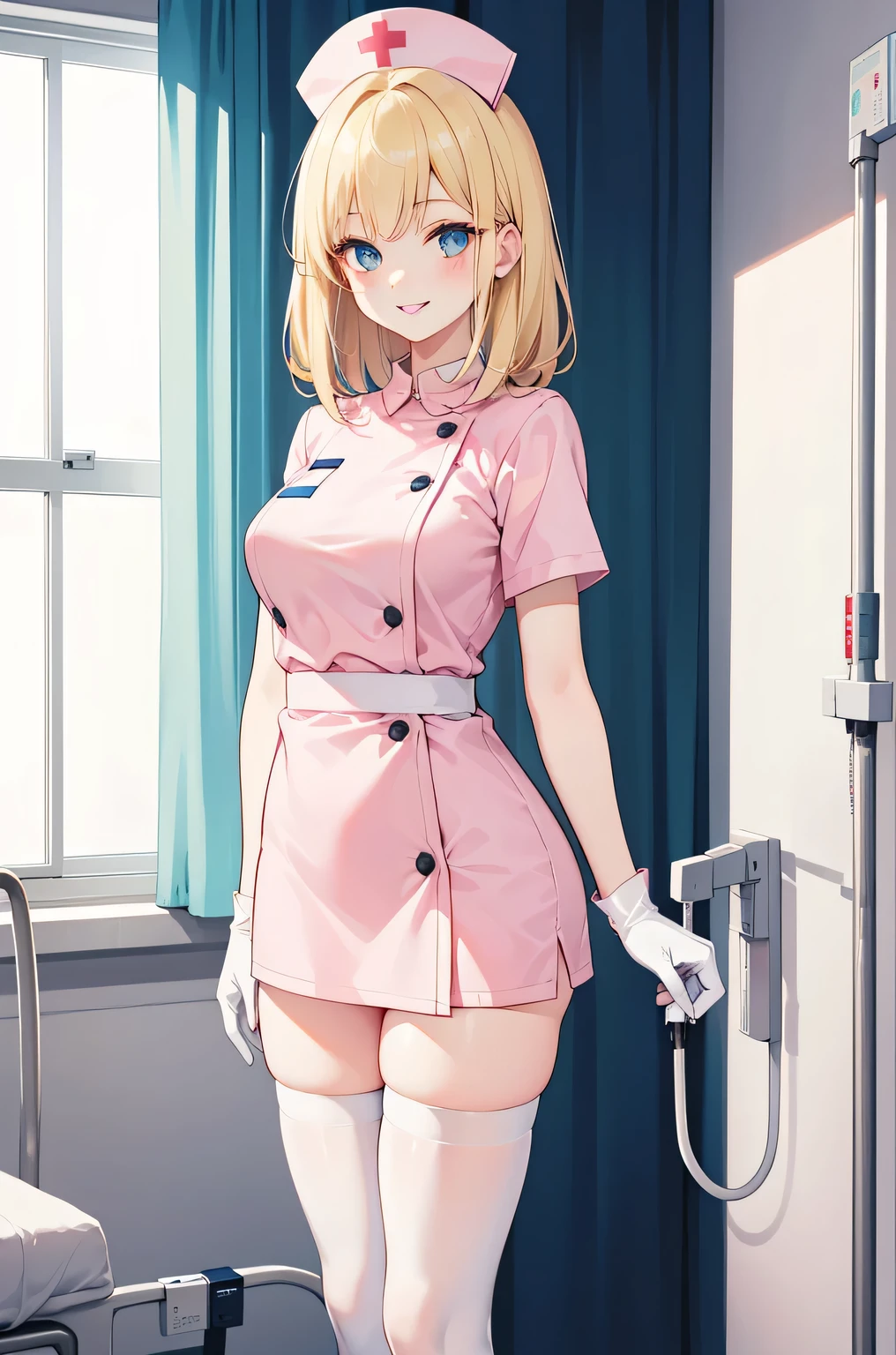 1 female, alone, nurse, nurse cap, Whiteware, ((white legwear, zettai ryouiki)), white gloves, blonde hair, blue eyes, pink lips, smile, Are standing, ((hospital room)), sharp outline, short sleeve, mature woman, 35 years old, highest quality, masterpiece