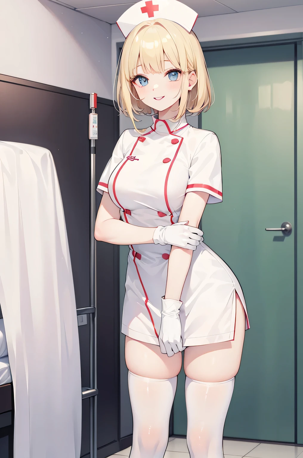 1 female, alone, nurse, nurse cap, Whiteware, ((white legwear, zettai ryouiki)), white gloves, blonde hair, blue eyes, pink lips, smile, Are standing, ((hospital room)), sharp outline, short sleeve, mature woman, 35 years old, highest quality, masterpiece