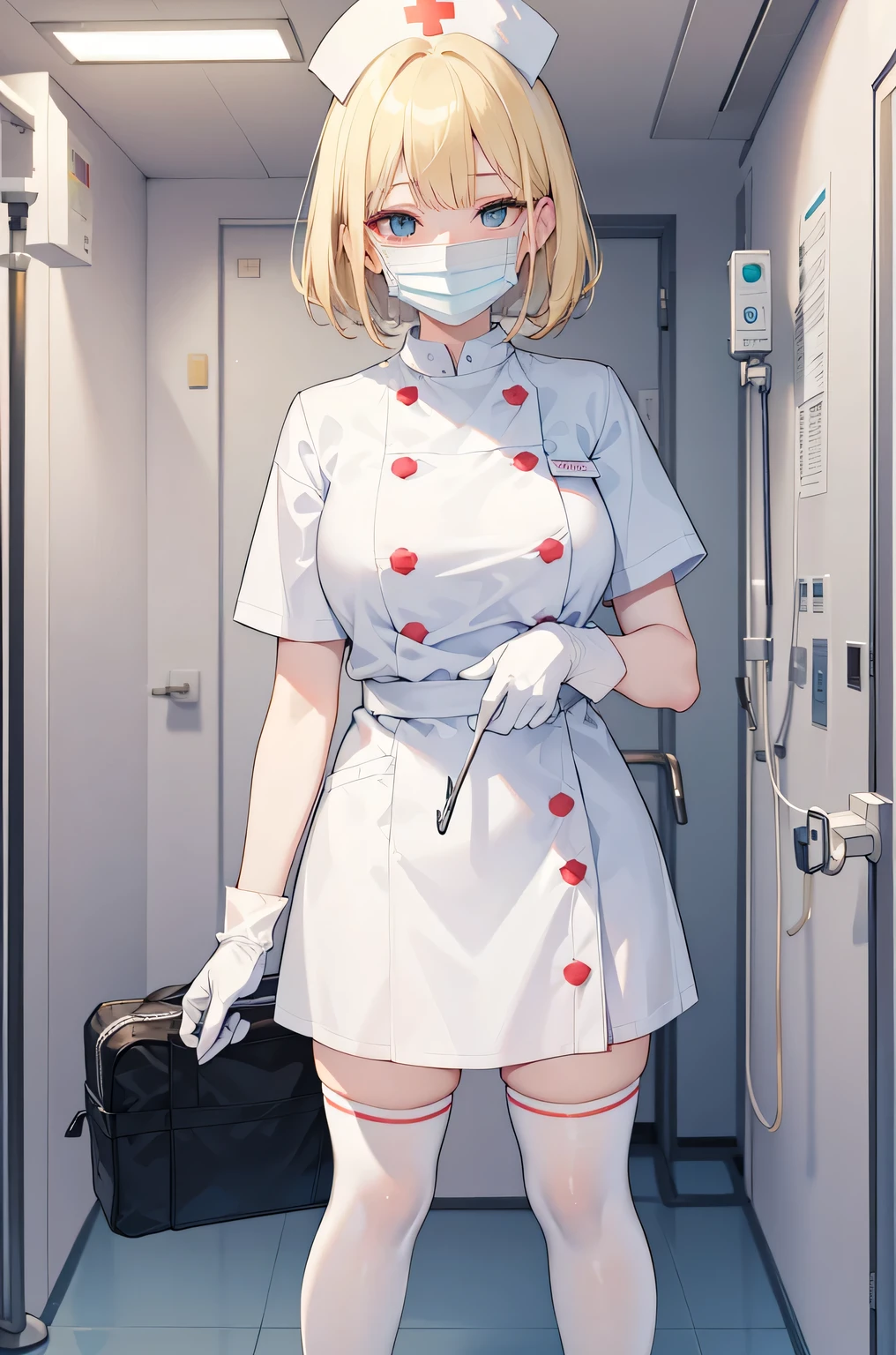 1 female, alone, nurse, nurse cap, Whiteware, ((white legwear, zettai ryouiki)), white gloves, blonde hair, blue eyes, ((White surgical mask, Covered nose)), Are standing, ((hospital room)), sharp outline, short sleeve, mature woman, 35 years old, highest quality, masterpiece