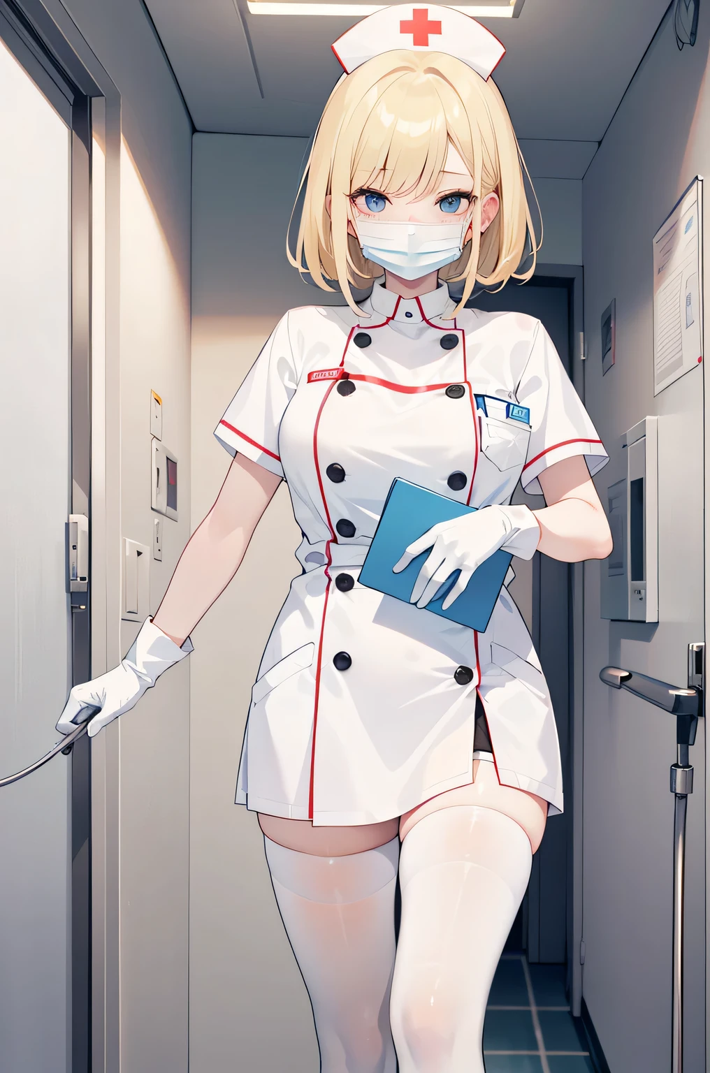 1 female, alone, nurse, nurse cap, Whiteware, ((white legwear, zettai ryouiki)), white gloves, blonde hair, blue eyes, ((White surgical mask, Covered nose)), Are standing, ((hospital room)), sharp outline, short sleeve, mature woman, 35 years old, highest quality, masterpiece