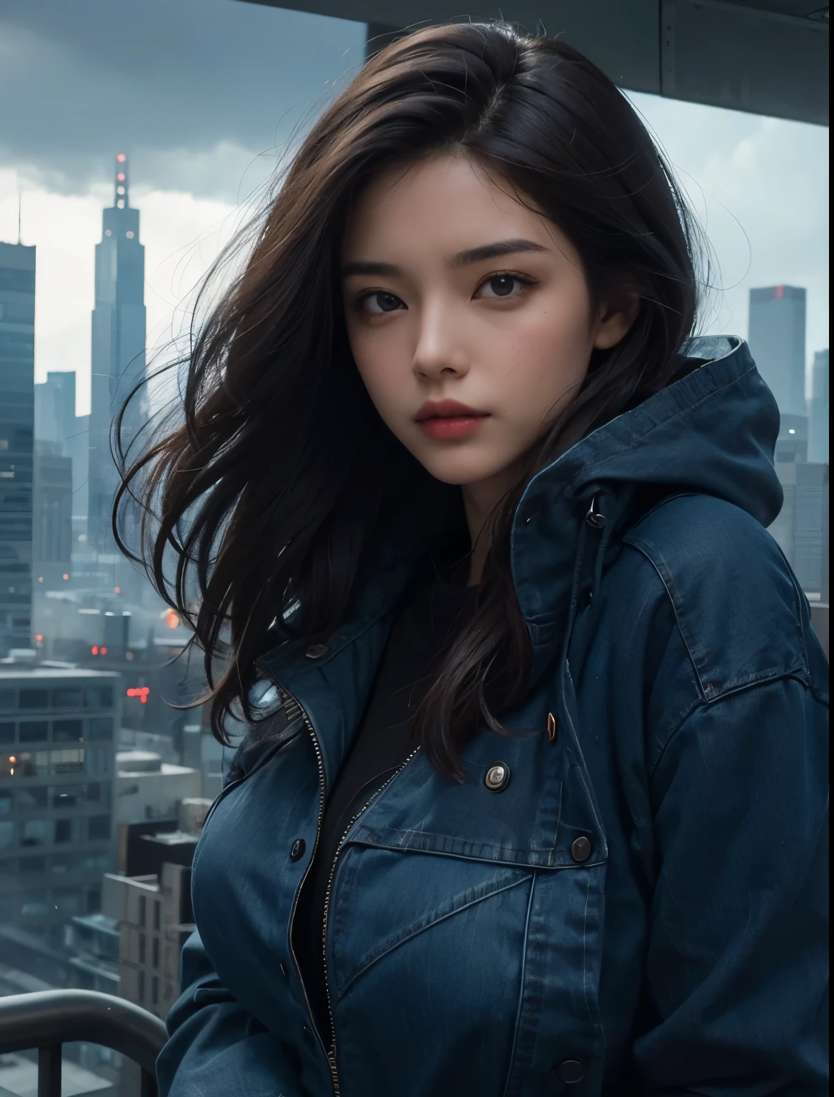 A woman is looking at the camera with a serious expression.Dark brown hair. eighteen. The woman is wearing blue jeans as a jacket. A futuristic cityscape spreads out in the background of the woman. The weather is gloomy and cloudy.
