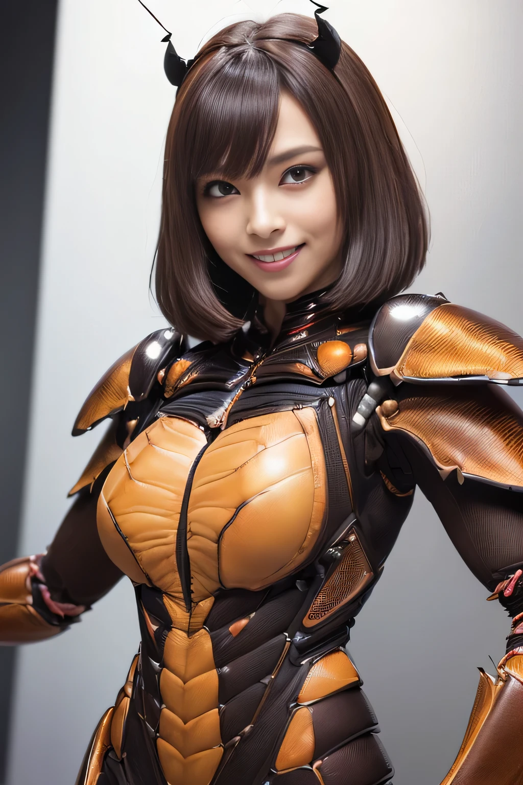 (High resolution,masterpiece,highest quality,Very detailed CG, anime, official art:1.4), realistic, photograph, amazing detail, all complicated, luster and luster,great many layers, 8k wallpaper, 3D, sketch, cute, figure,( alone:1.4), perfect female proportions,villain's daughter, (Fusion of dark brown cockroach and lady:1.4), (brown cockroach form lady:1.2), (brown cockroach woman:1.2), (Fusion:1.2), (alone:1.4), (evil smile:1.2), muscular, abs, (Cockroach brown exoskeleton bio insect suit:1.4), (Cockroach brown exoskeleton bio insect armor:1.2), (brown transparent cockroach feathers:1.4), (brown cockroach antenna:1.3),