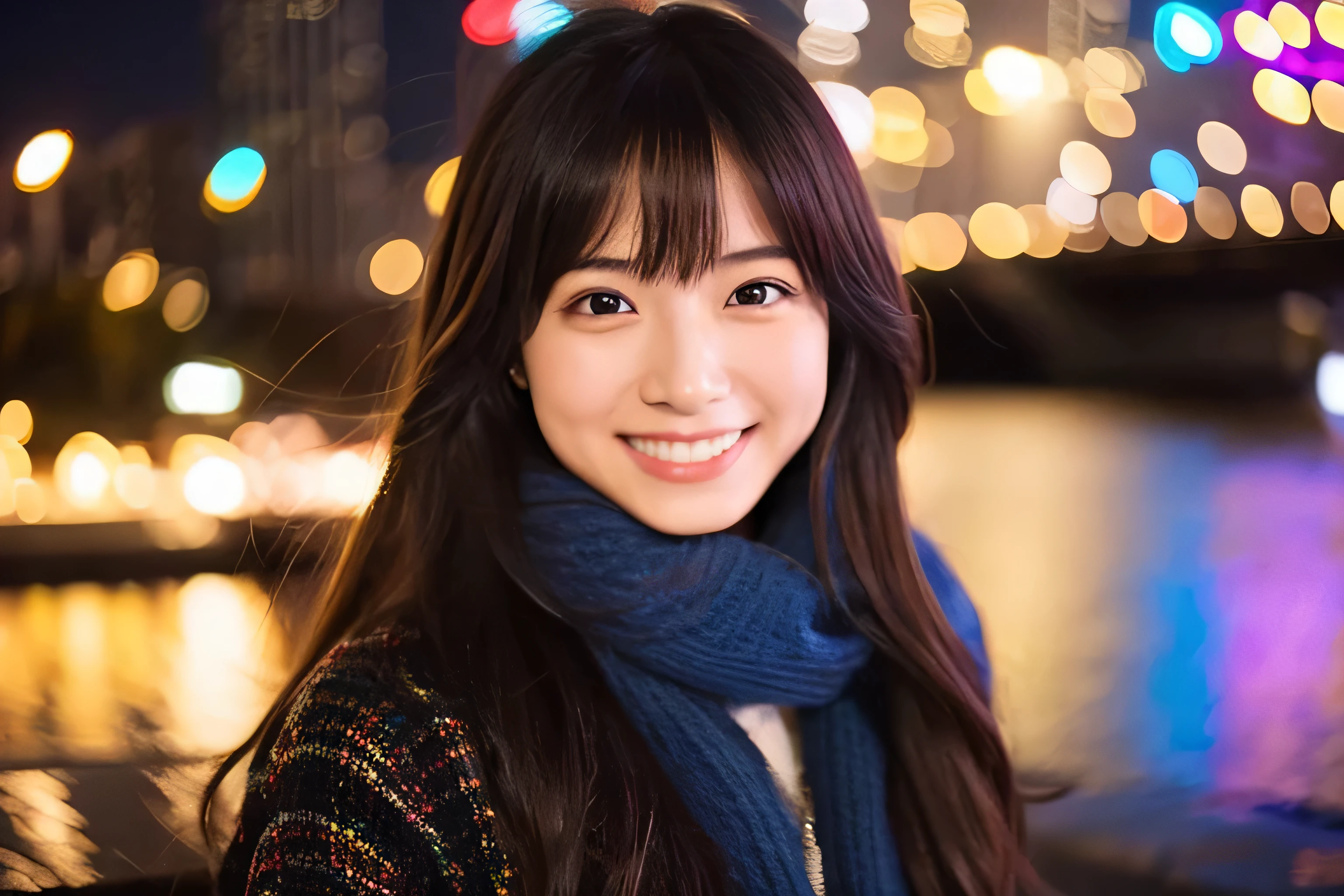 beautiful girl、Idol、smile、look at the camera、28 years old、Japanese、knit、night view、date、