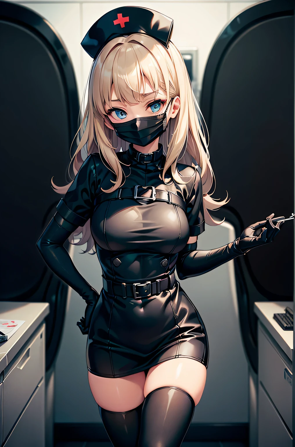 black nurse, 1 female, alone, black nurse cap, Black Wear, ((black legwear, zettai ryouiki)), black elbow gloves, blonde hair, blue eyes, ((Black surgical mask, Covered nose)), Are standing, ((operating room)), sharp outline, short sleeve, mature woman, 35 years old, highest quality, masterpiece