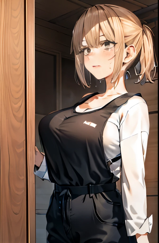 （master piece，best quality，exquisite details），1 girl，(best quality, masterpiece),　moving company woman、Moving、Courier、tank tops and work clothes、Movingの部屋、big cardboard、milf、Work clothes coverall with long sleeves rolled up、(steam),((sweat)), 