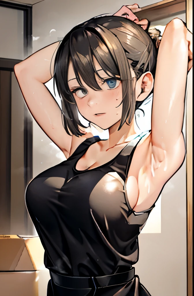 (master piece,best quality,exquisite details),1 girl,(best quality, masterpiece), moving company woman、Moving、Courier、tank tops and work clothes、Movingの部屋、big cardboard、milf、Work clothes coverall with long sleeves rolled up、(steam),((sweat)),